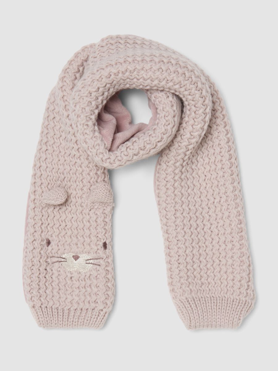 Purple knitted scarf with cute animal embroidery_0
