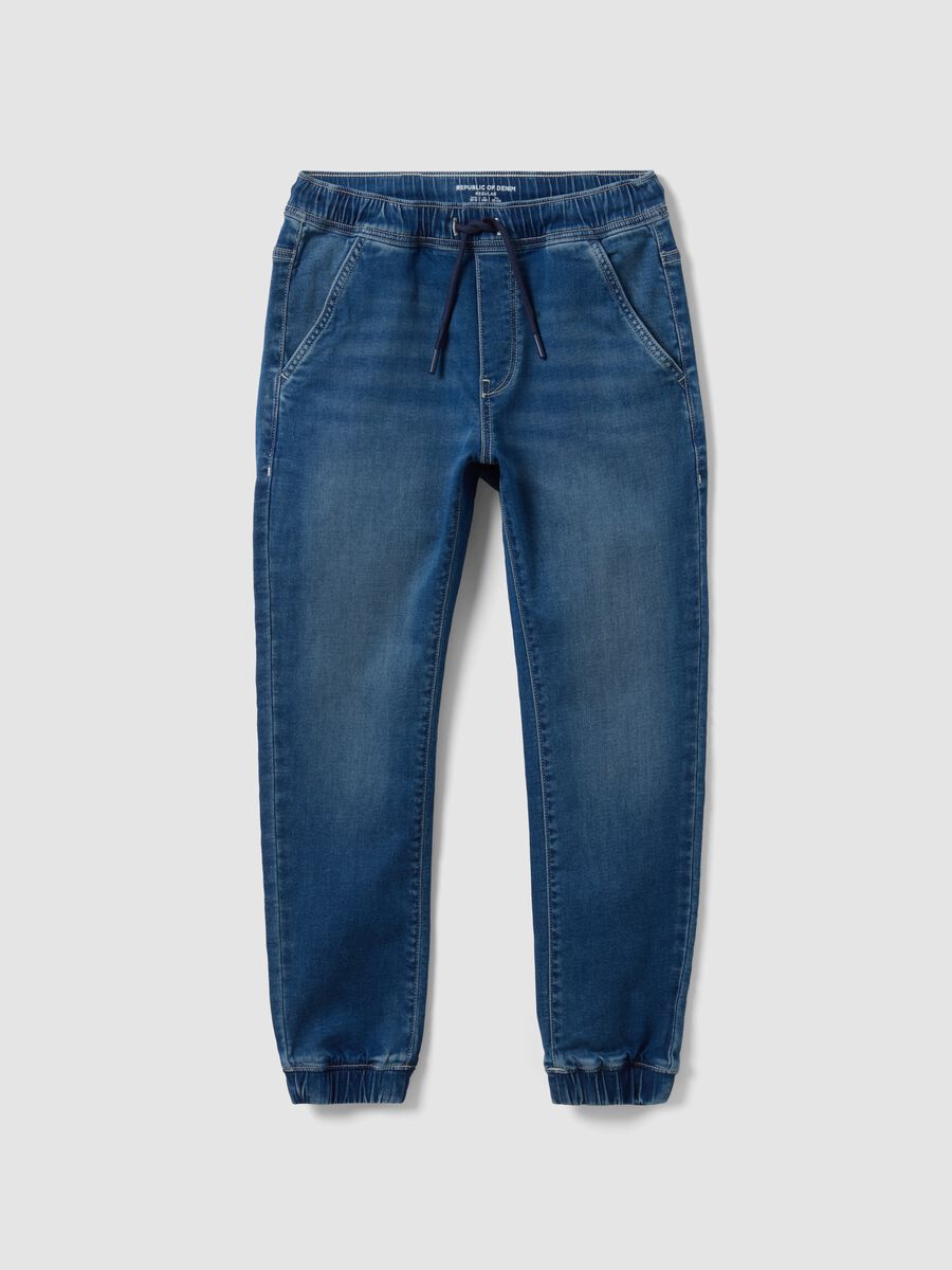 Blue stretch cotton jogger jeans with drawstring for boys_3