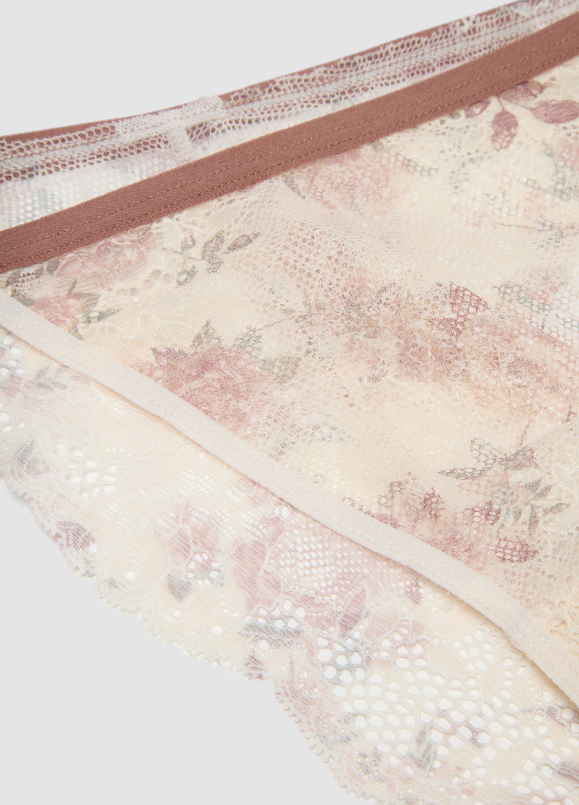Slip beige in cotone organico con stampa floreale e pizzo