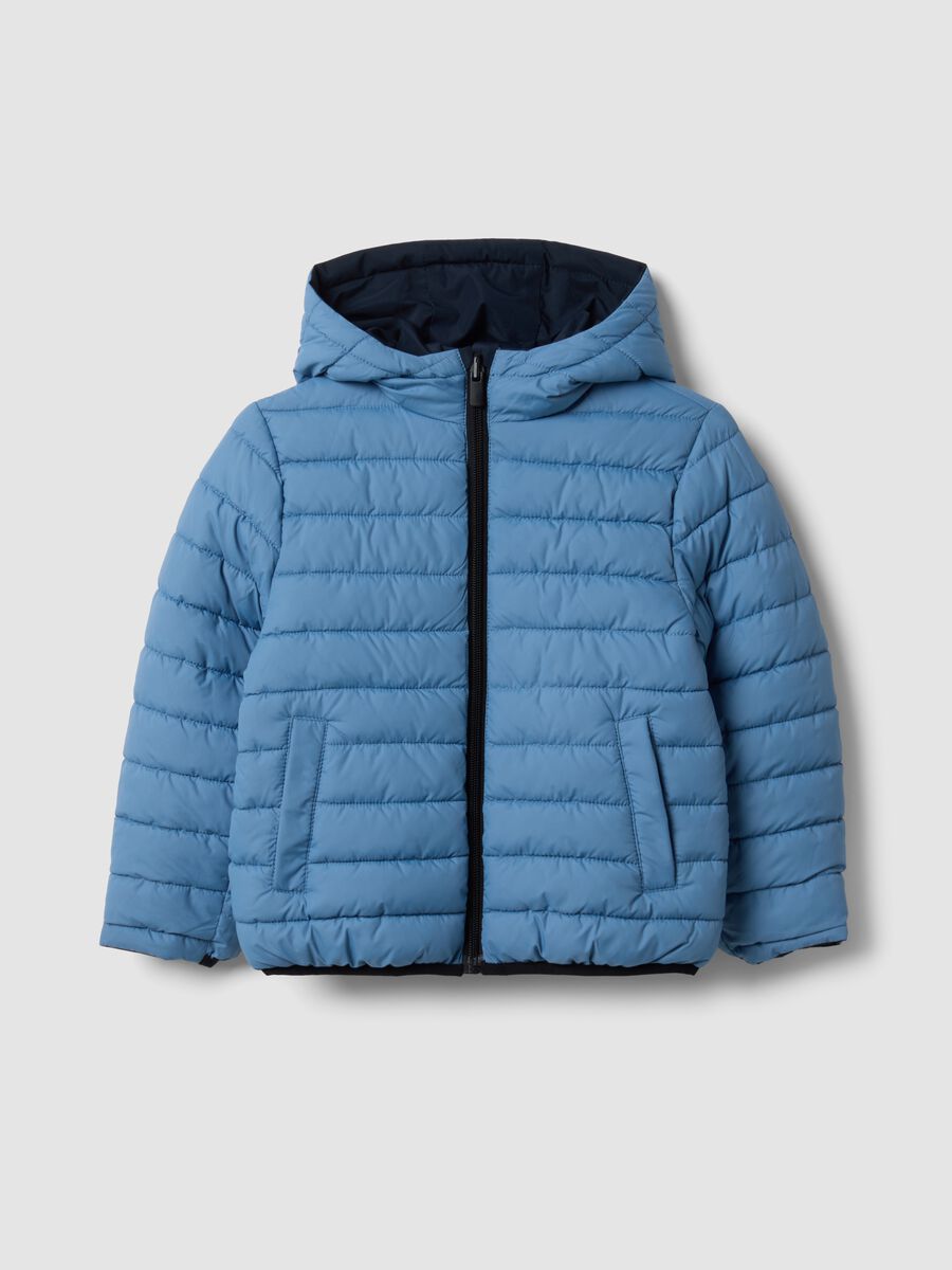 Reversible ultralight hooded zip jacket in light blue for boys_0