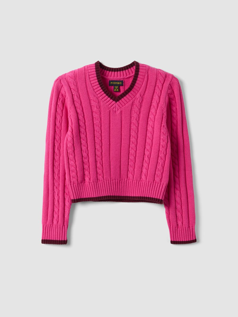 Pink pure cotton cable-knit V-neck jumper for girls_3