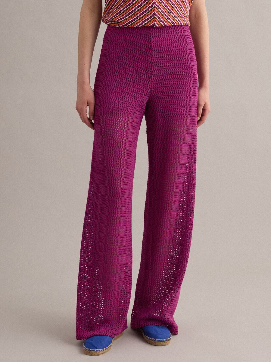 Purple viscose-blend crochet palazzo trousers, regular fit_1