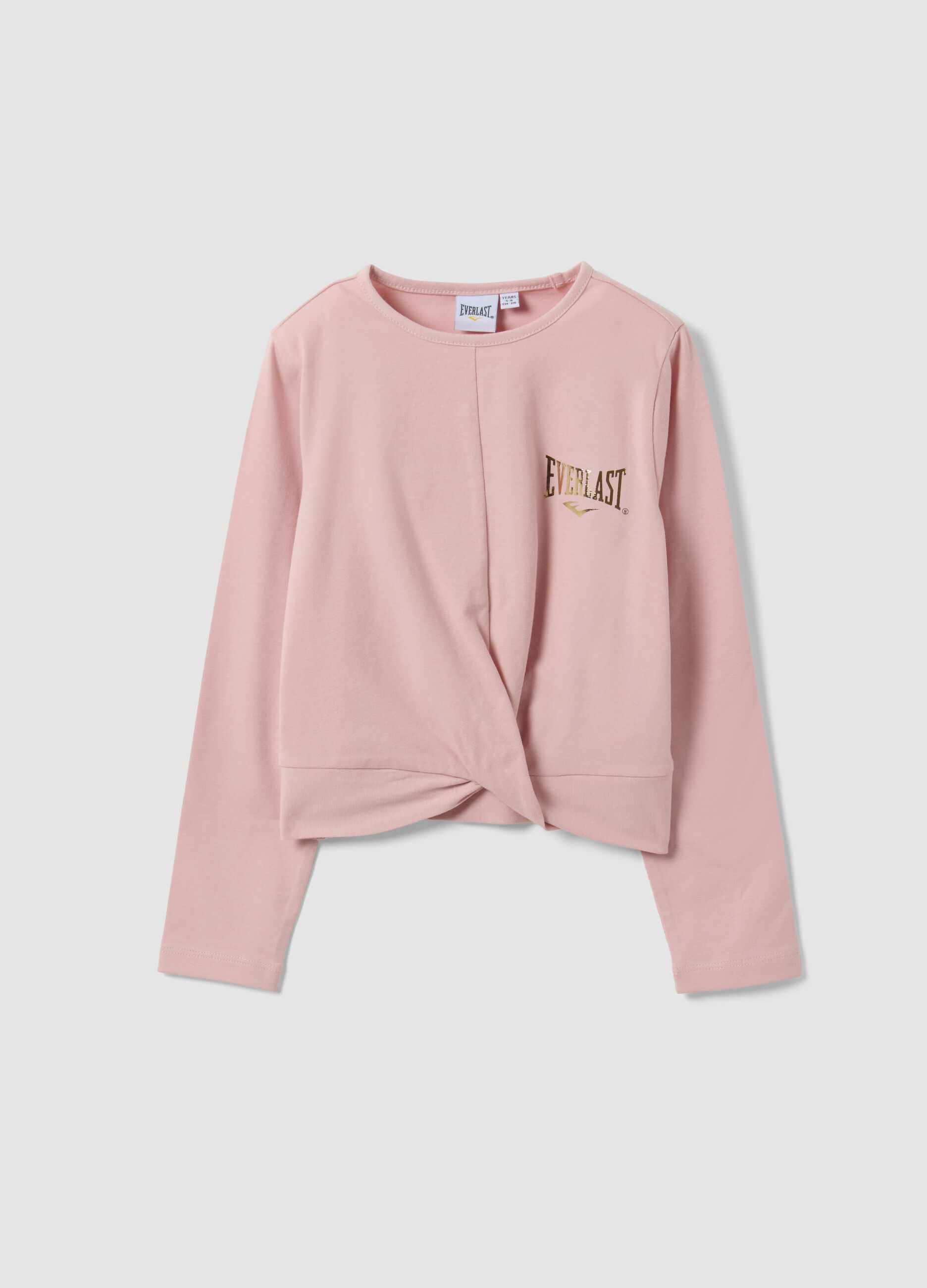 Pink stretch cotton T-shirt with front knot and print for girls