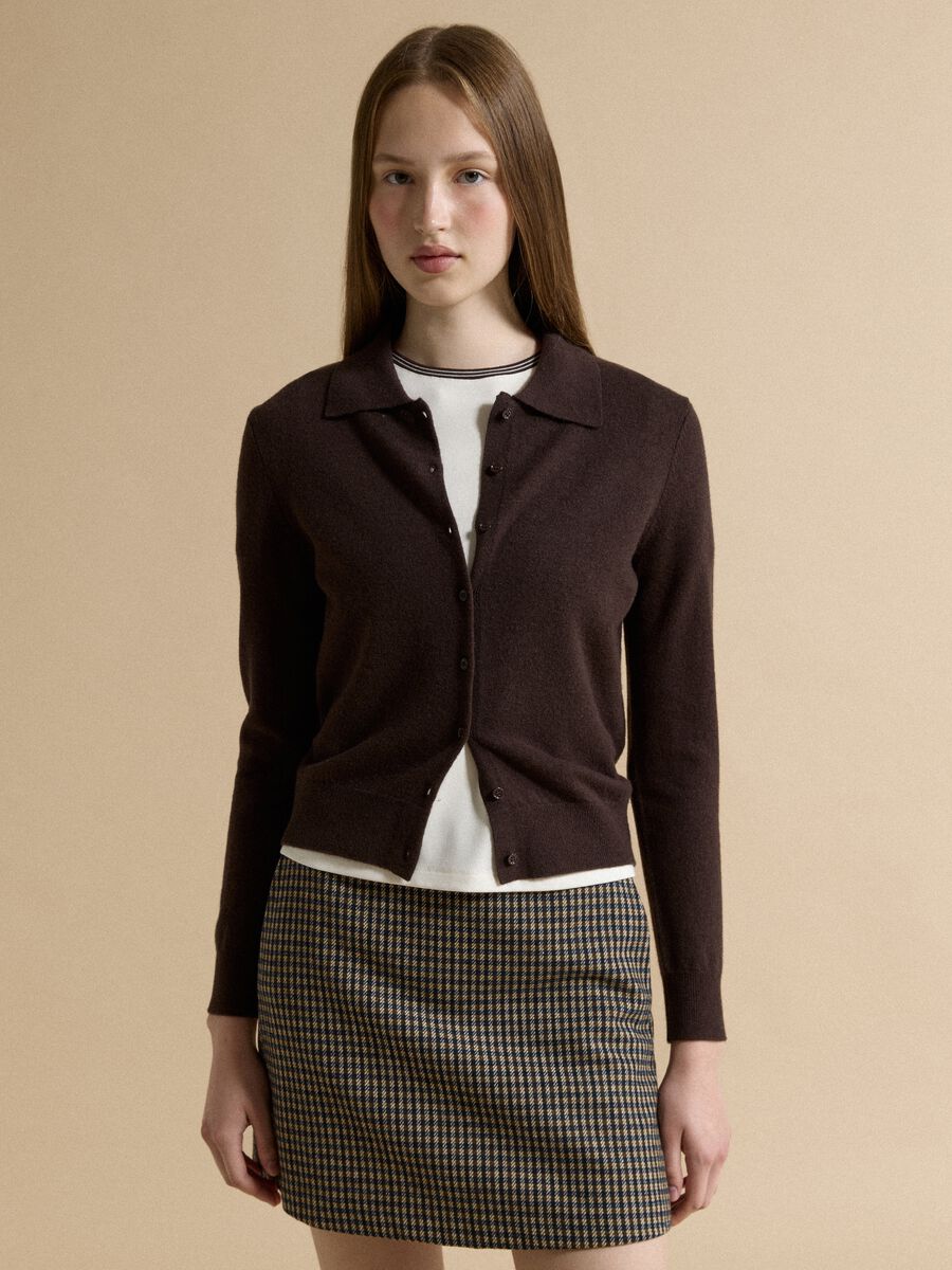 Brown pure wool cardigan with polo collar, regular fit_0