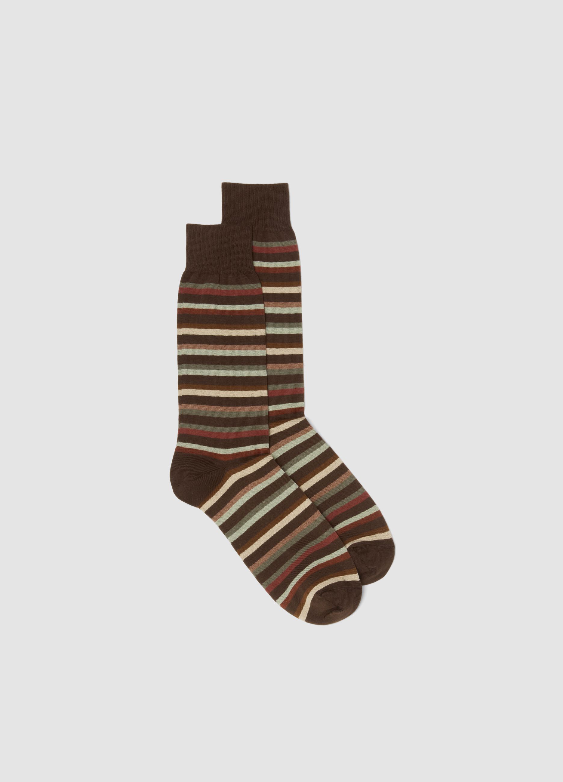 Brown striped short socks in stretch cotton