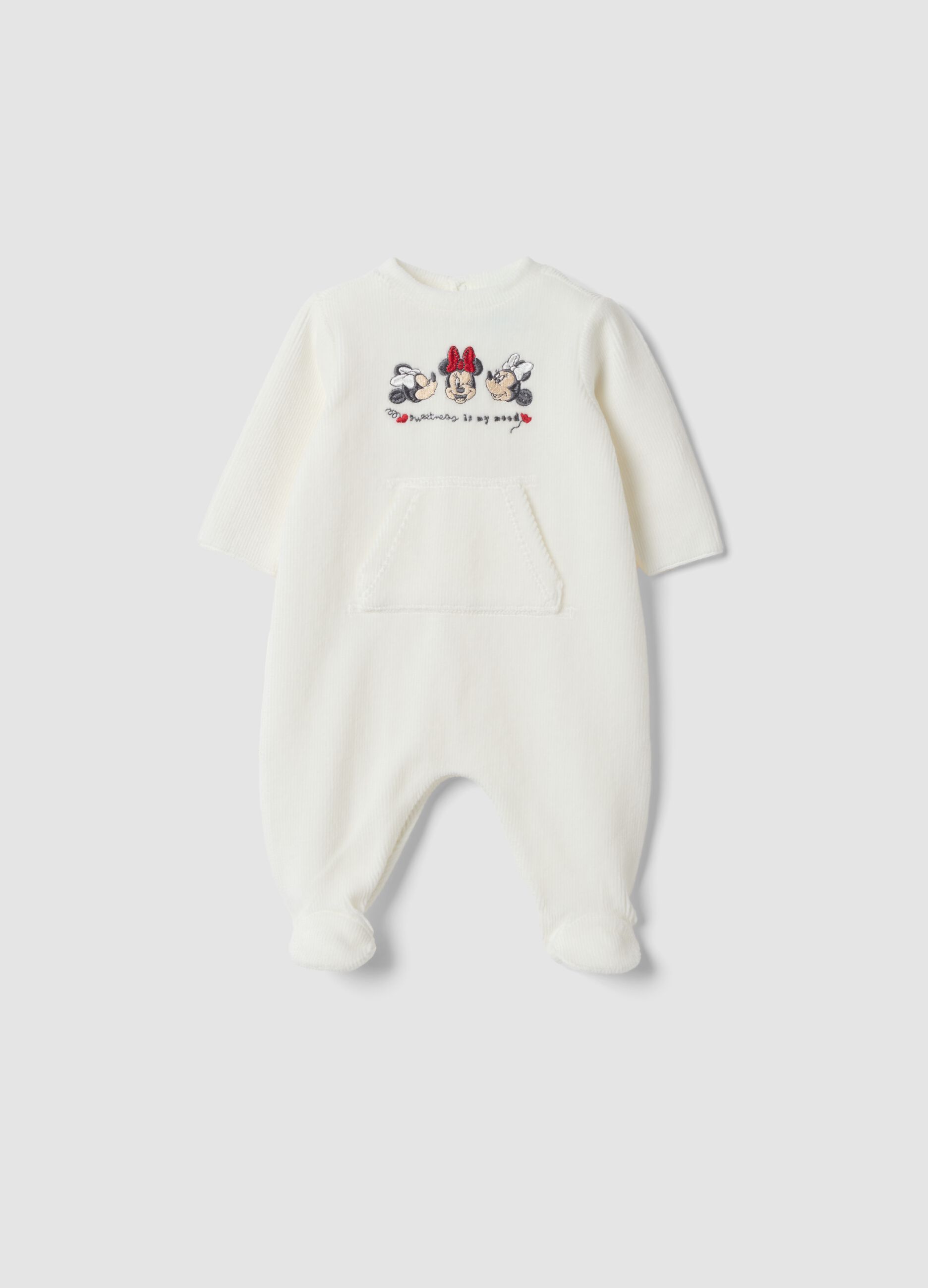 Tutina bianca in cotone organico elasticizzato con piedini e stampa Minnie