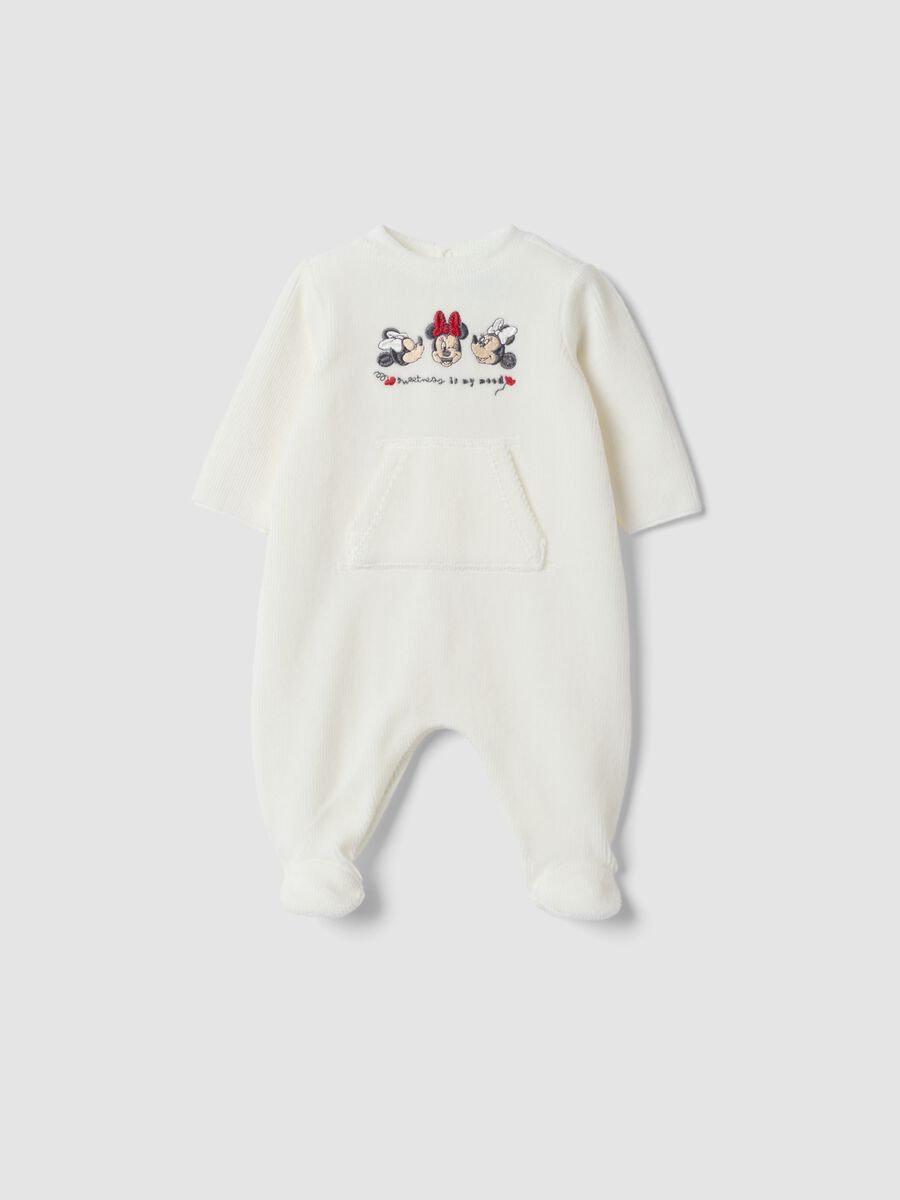 Tutina bianca in cotone organico elasticizzato con piedini e stampa Minnie_0