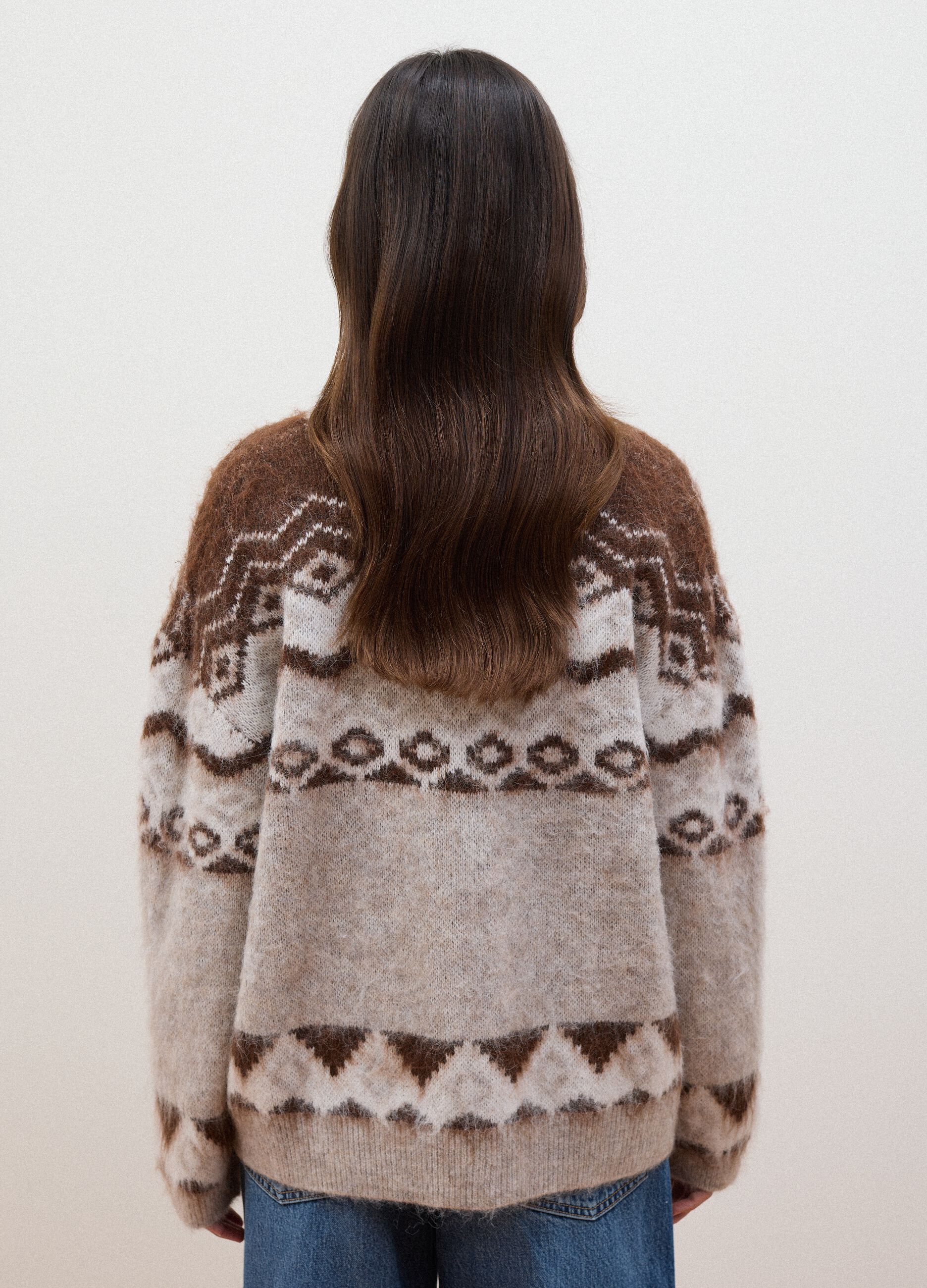 Beige wool and alpaca-blend cardigan with deep V-neck, oversized fit
