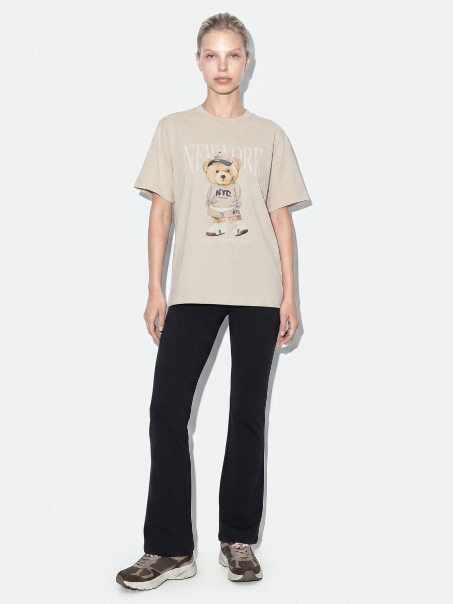 Beige relaxed-fit pure cotton T-shirt with teddy print_1