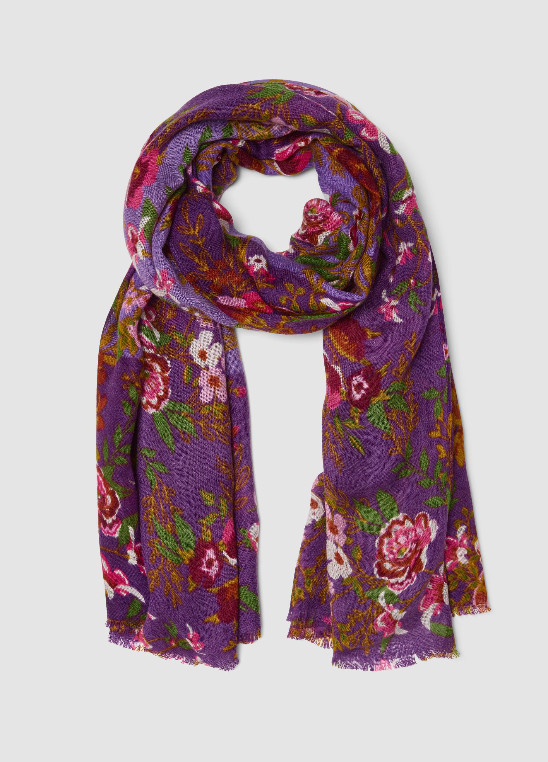 Foulard viola in misto lana con fantasia floreale