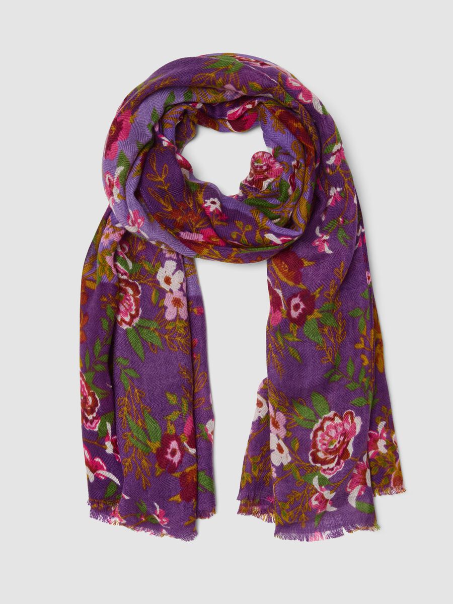 Foulard viola in misto lana con fantasia floreale_0