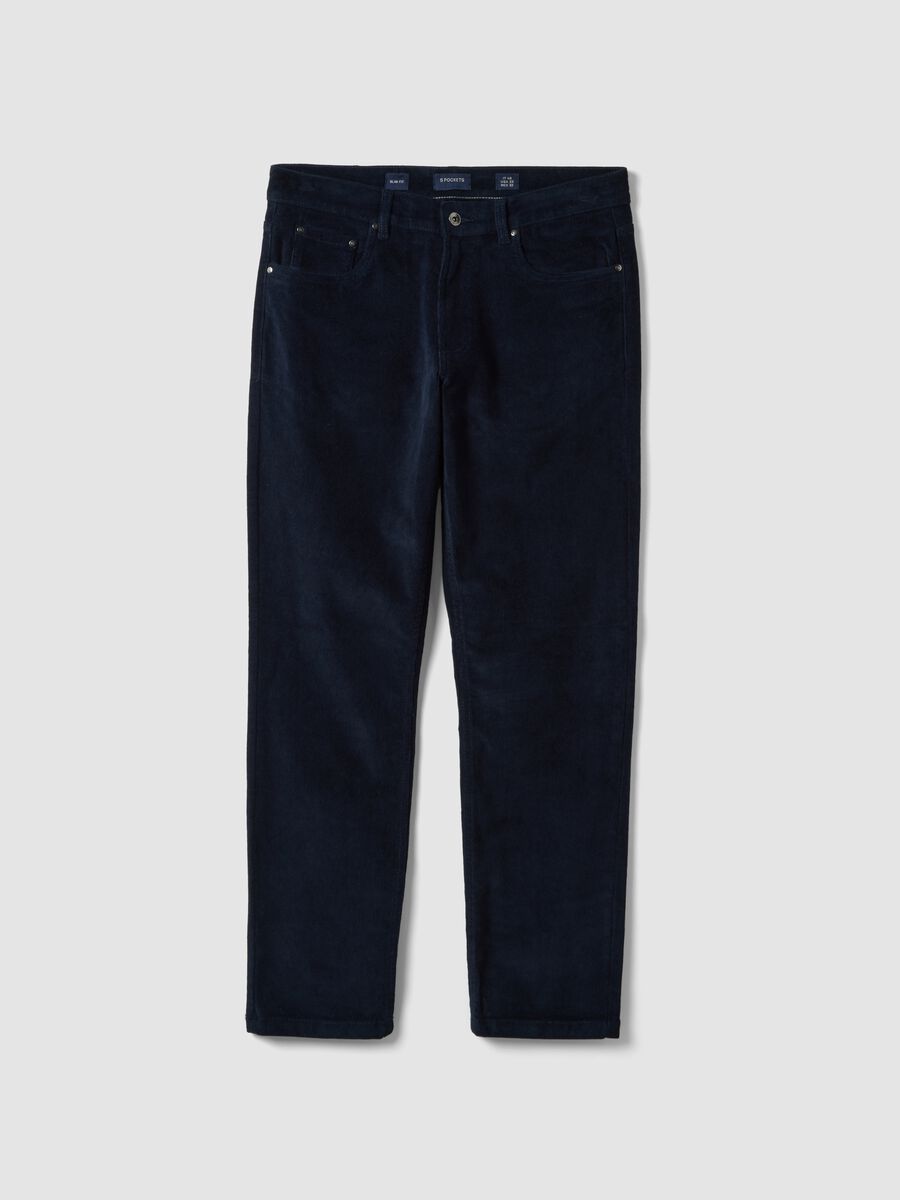 Blue slim-fit ribbed stretch-cotton trousers_0