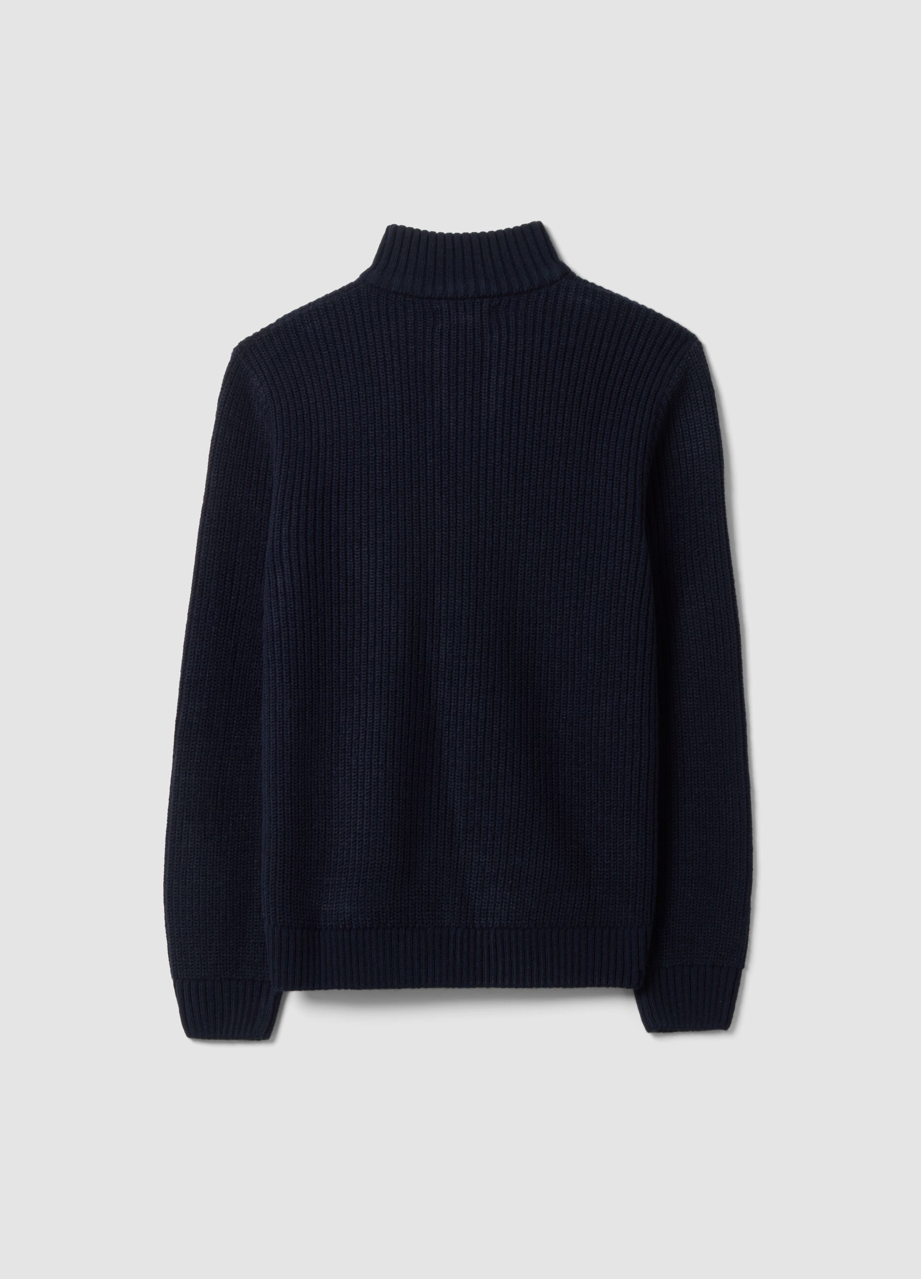 Navy rib-knit zip cardigan with collar, regular fit