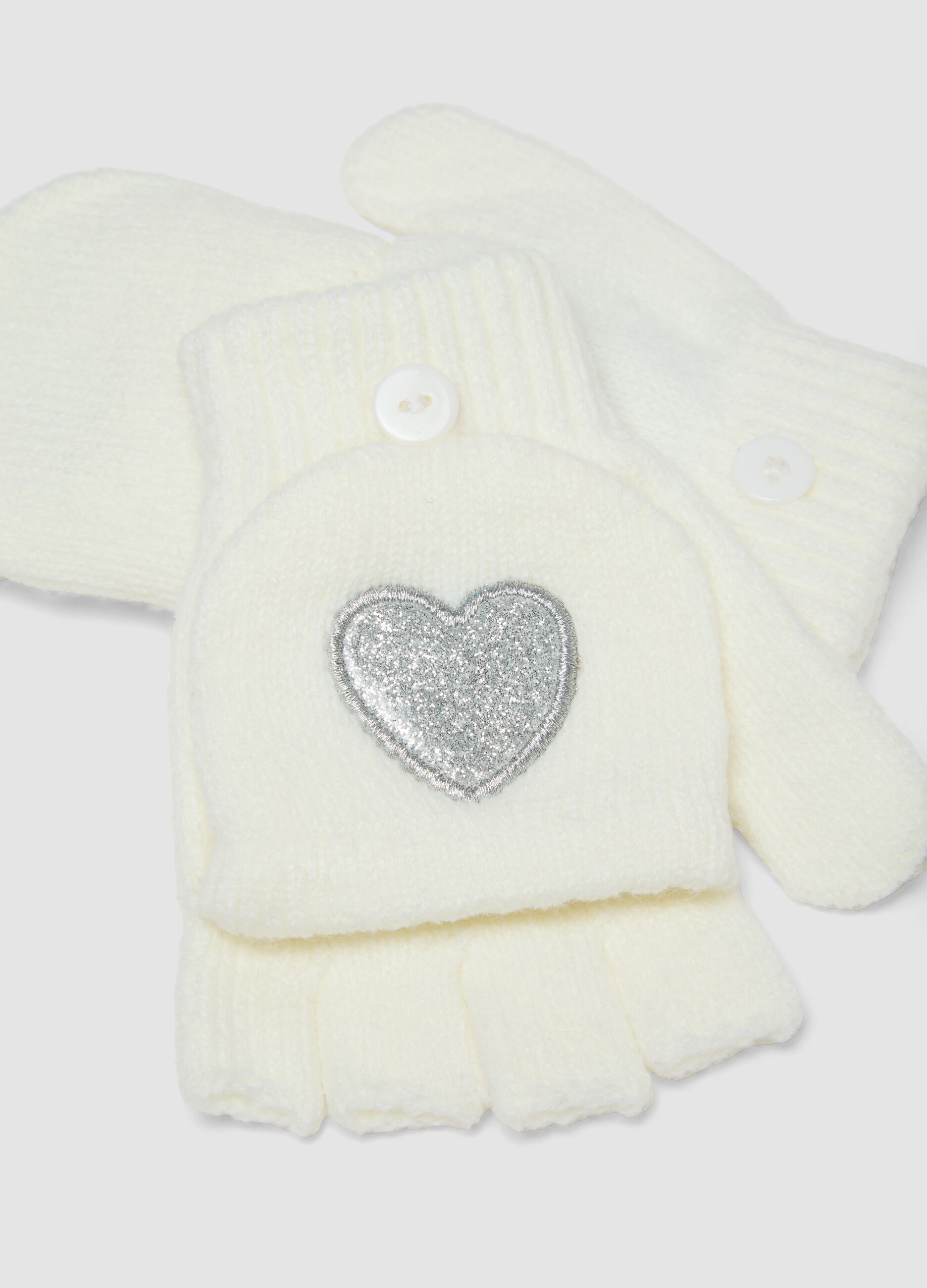 Cream White Stretch Fabric Gloves with Hearts
