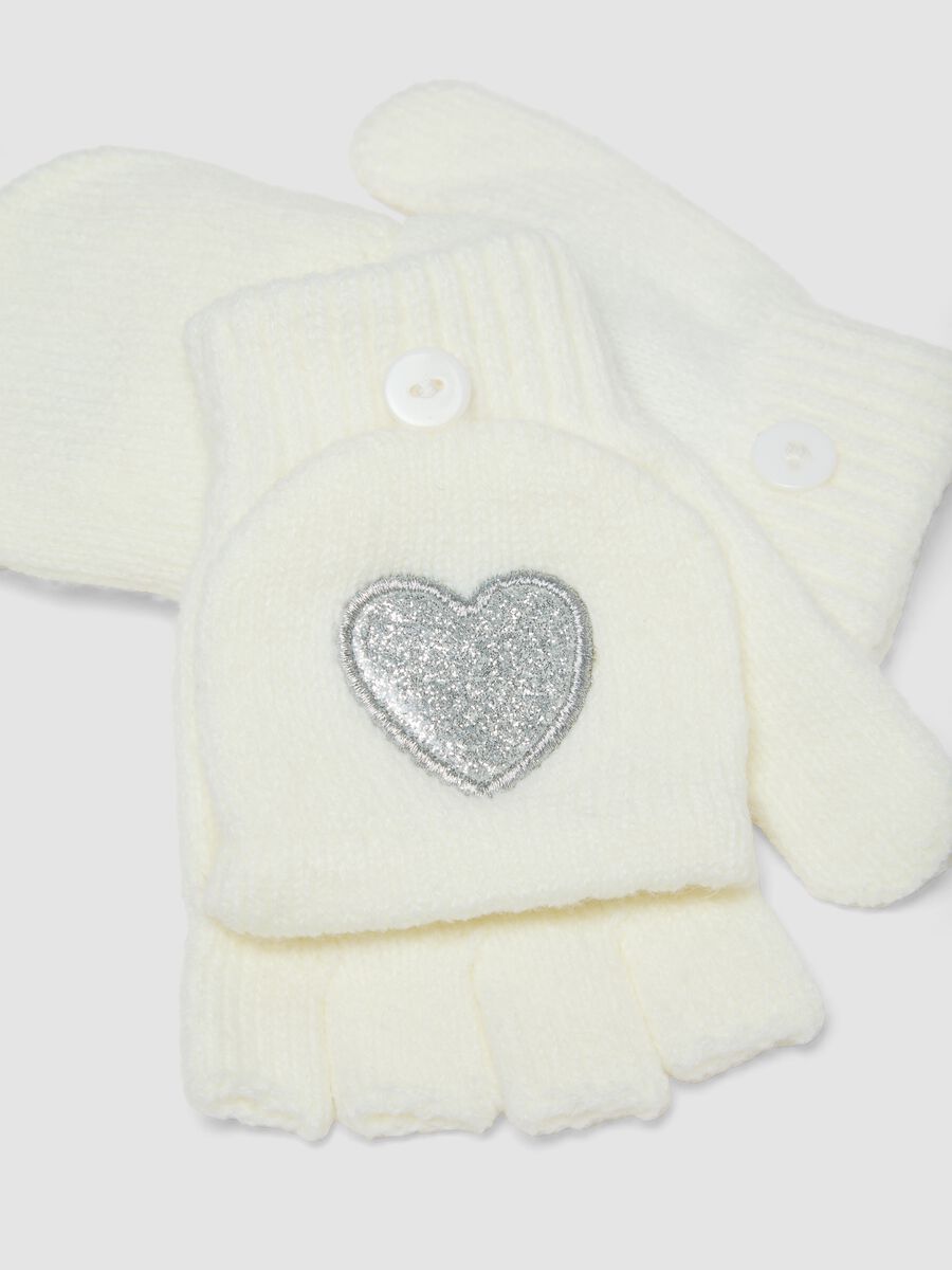 Cream White Stretch Fabric Gloves with Hearts_2
