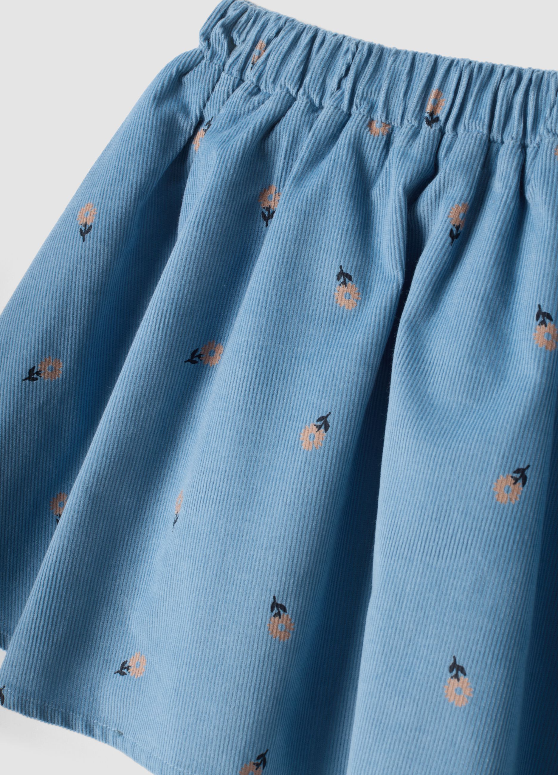 Blue ribbed pure cotton skort with floral print