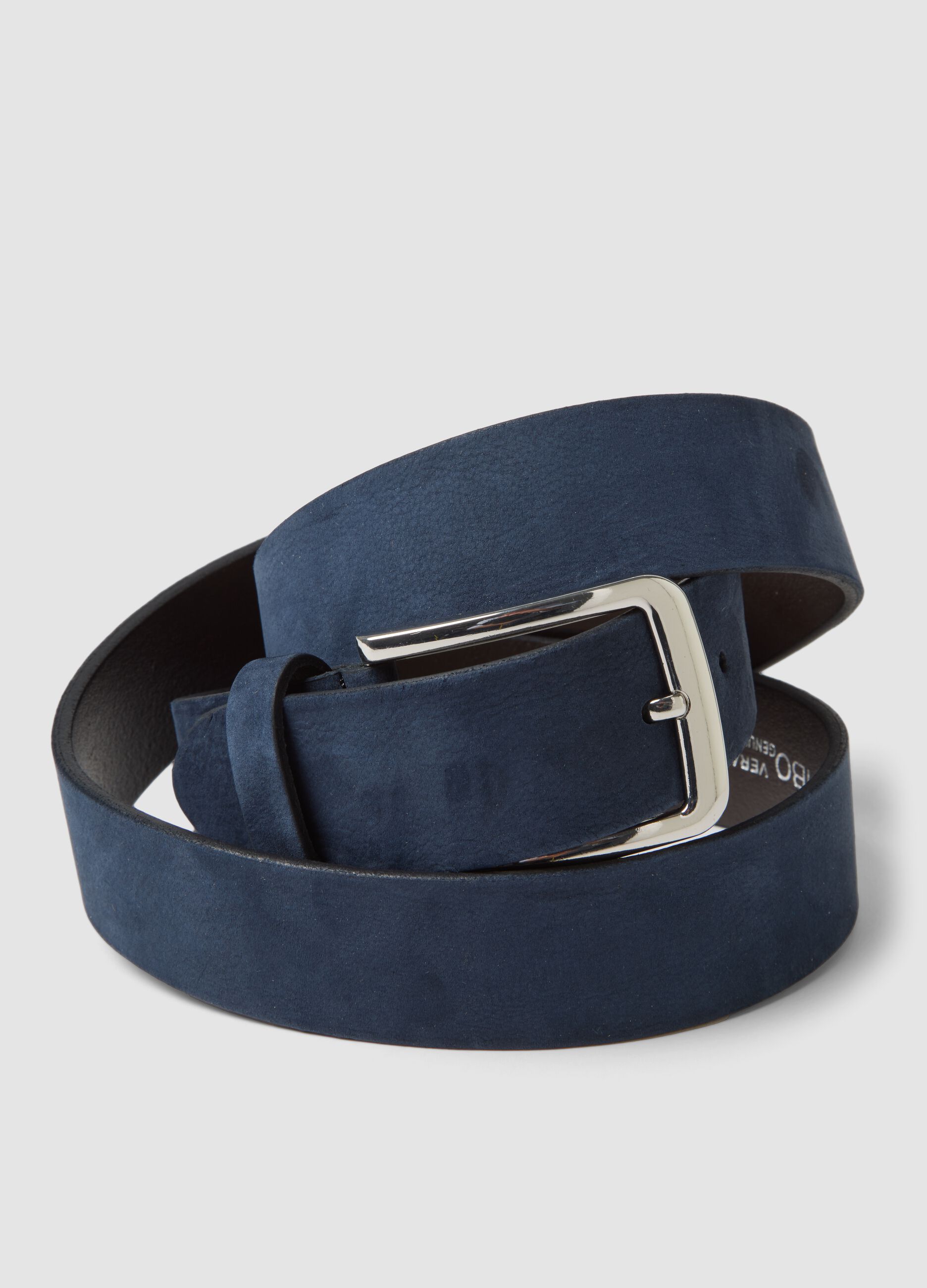 Blue genuine leather belt with metal buckle