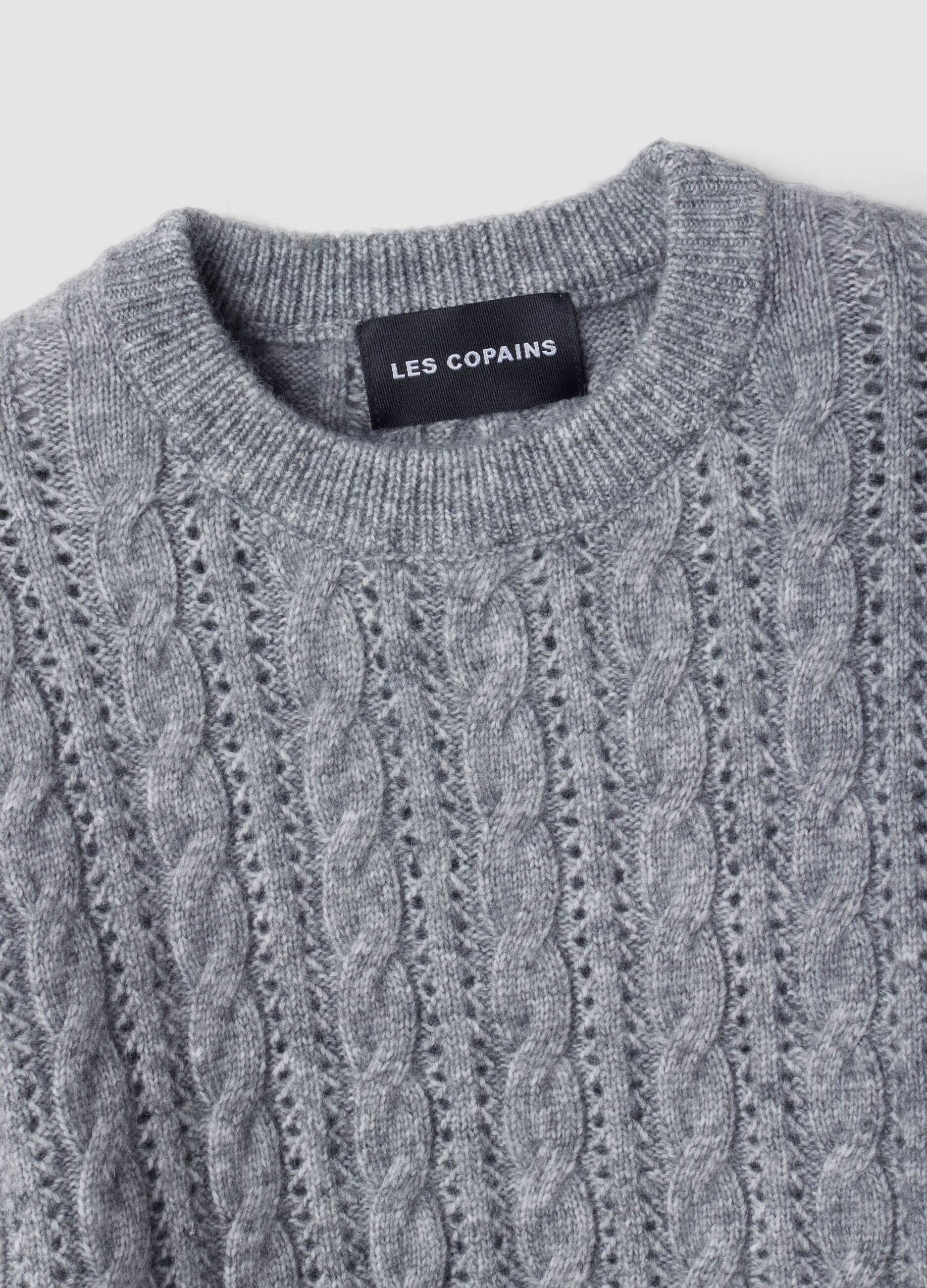 Grey crew-neck cable-knit wool-blend jumper, regular fit