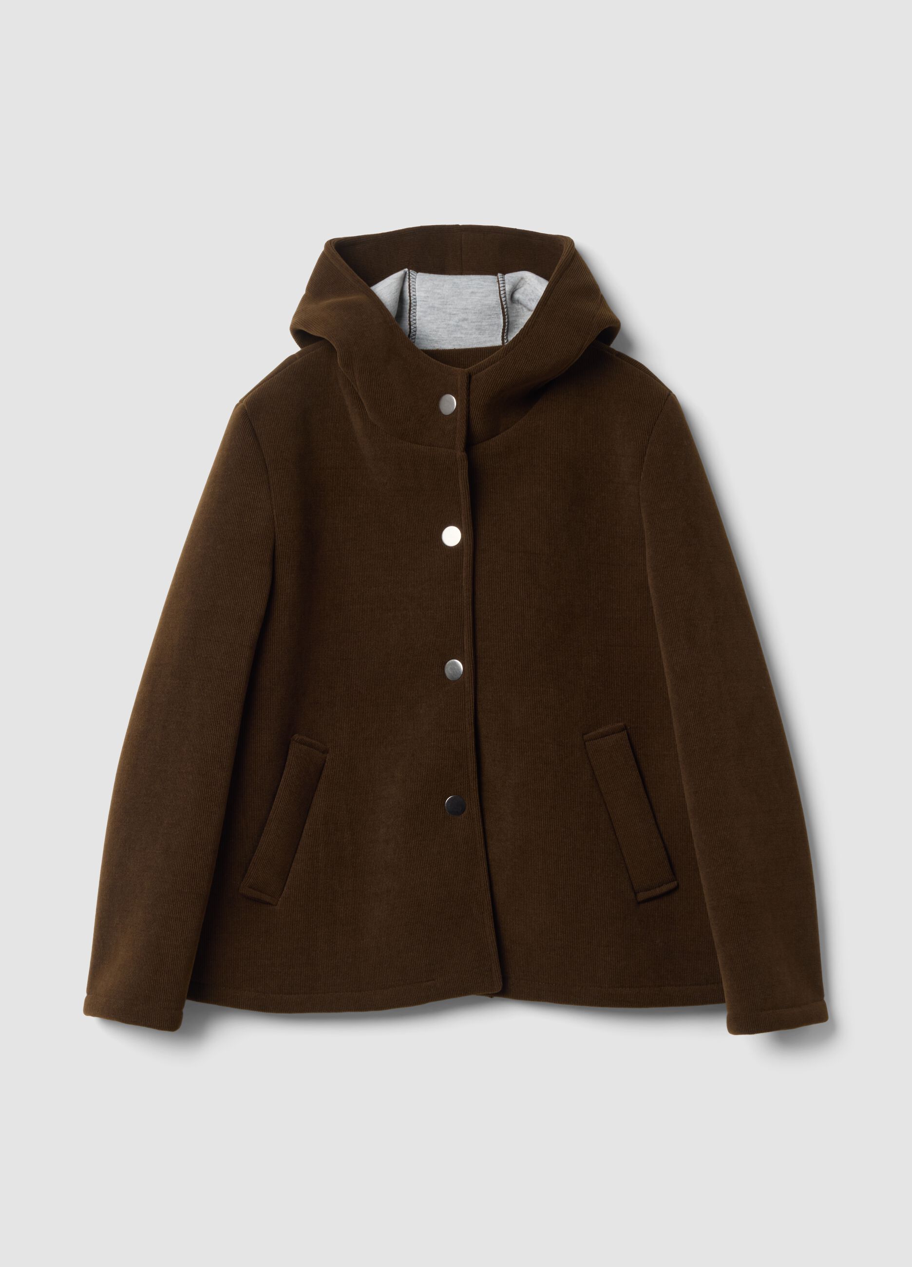 Brown hooded coat in stretch viscose, regular fit