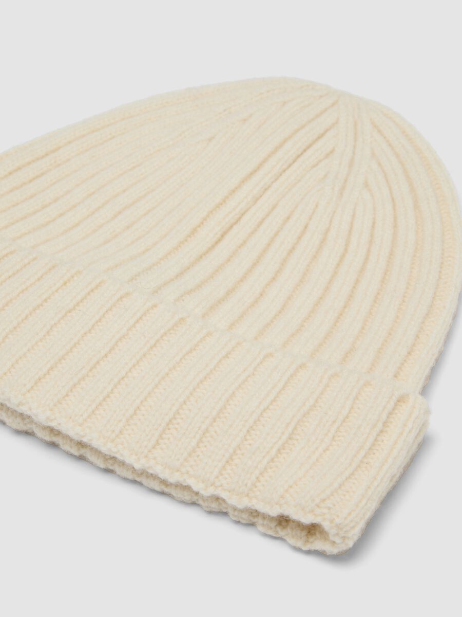 Beige pure wool ribbed beanie_1