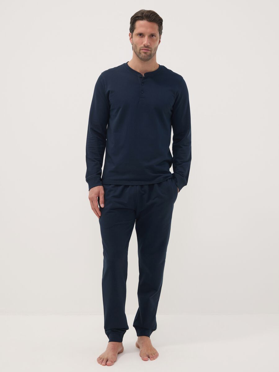 Blue pure cotton pyjamas with Henley neckline_0