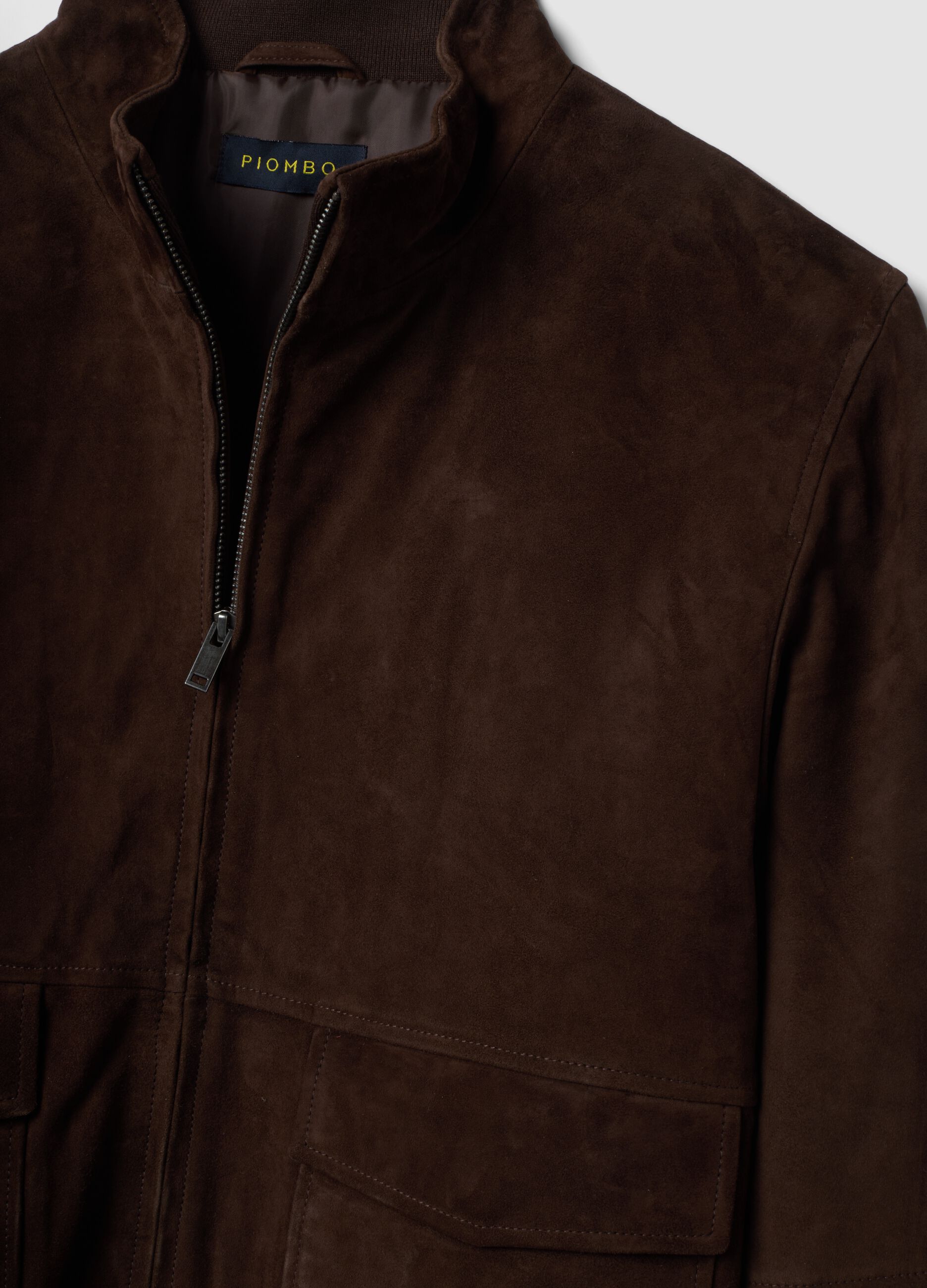 Brown genuine leather bomber jacket with zip