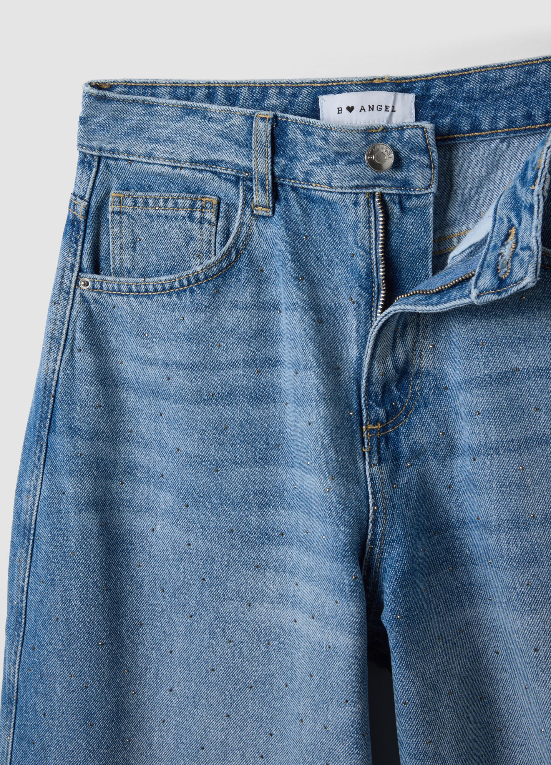Blue pure-cotton skater-fit jeans with rhinestones