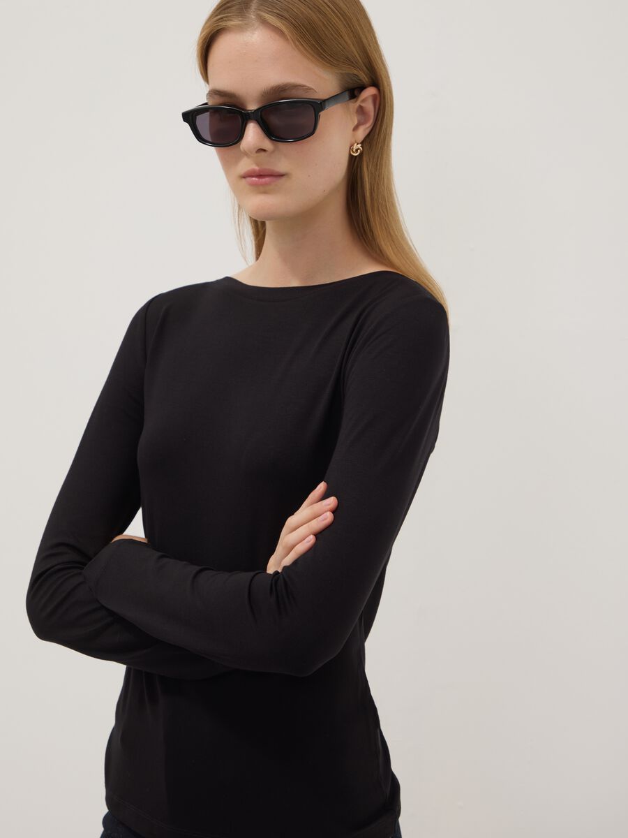 Black stretch viscose slim-fit T-shirt_0
