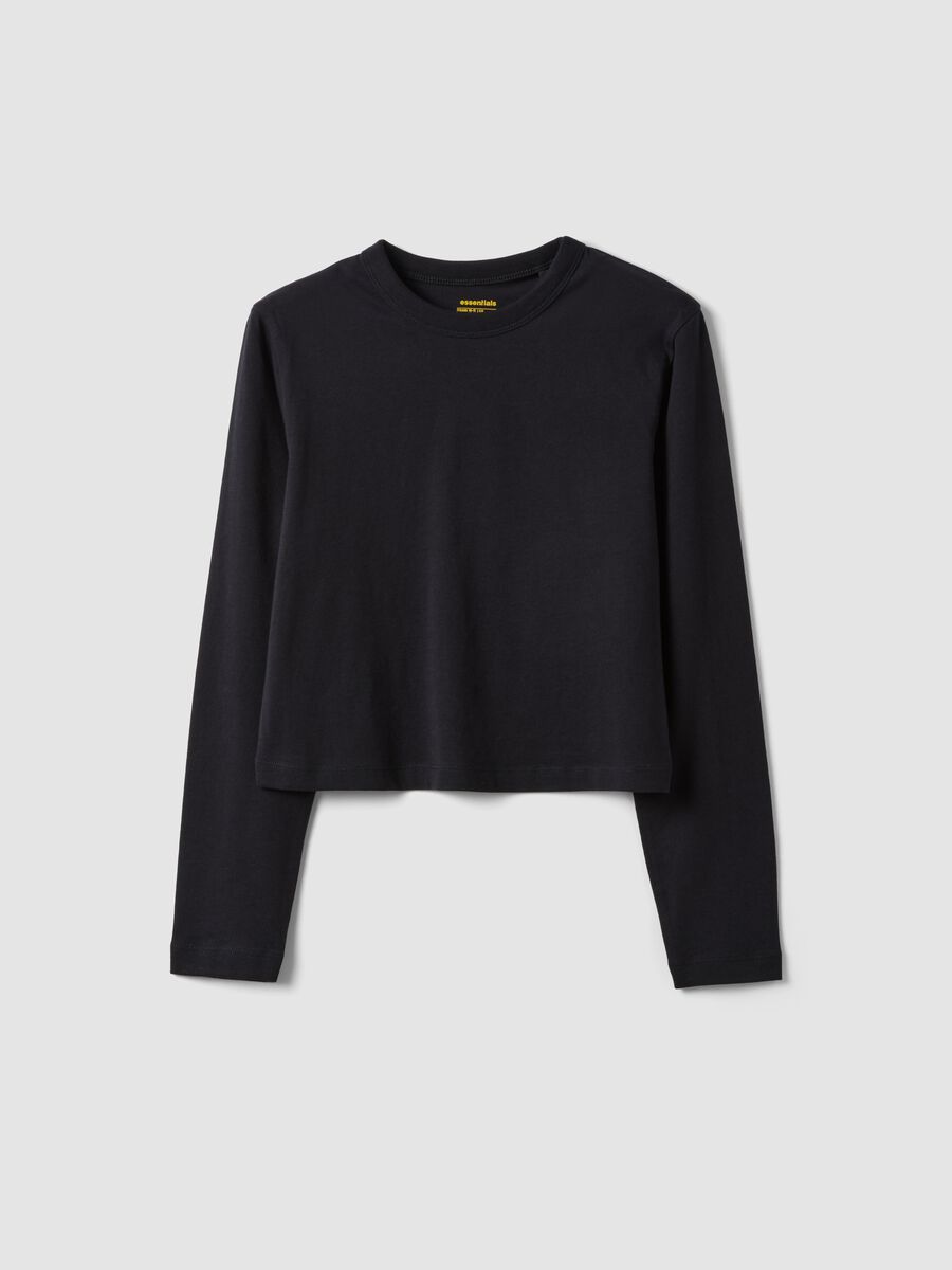 Black pure cotton T-shirt with ribbed neckline for girls_0