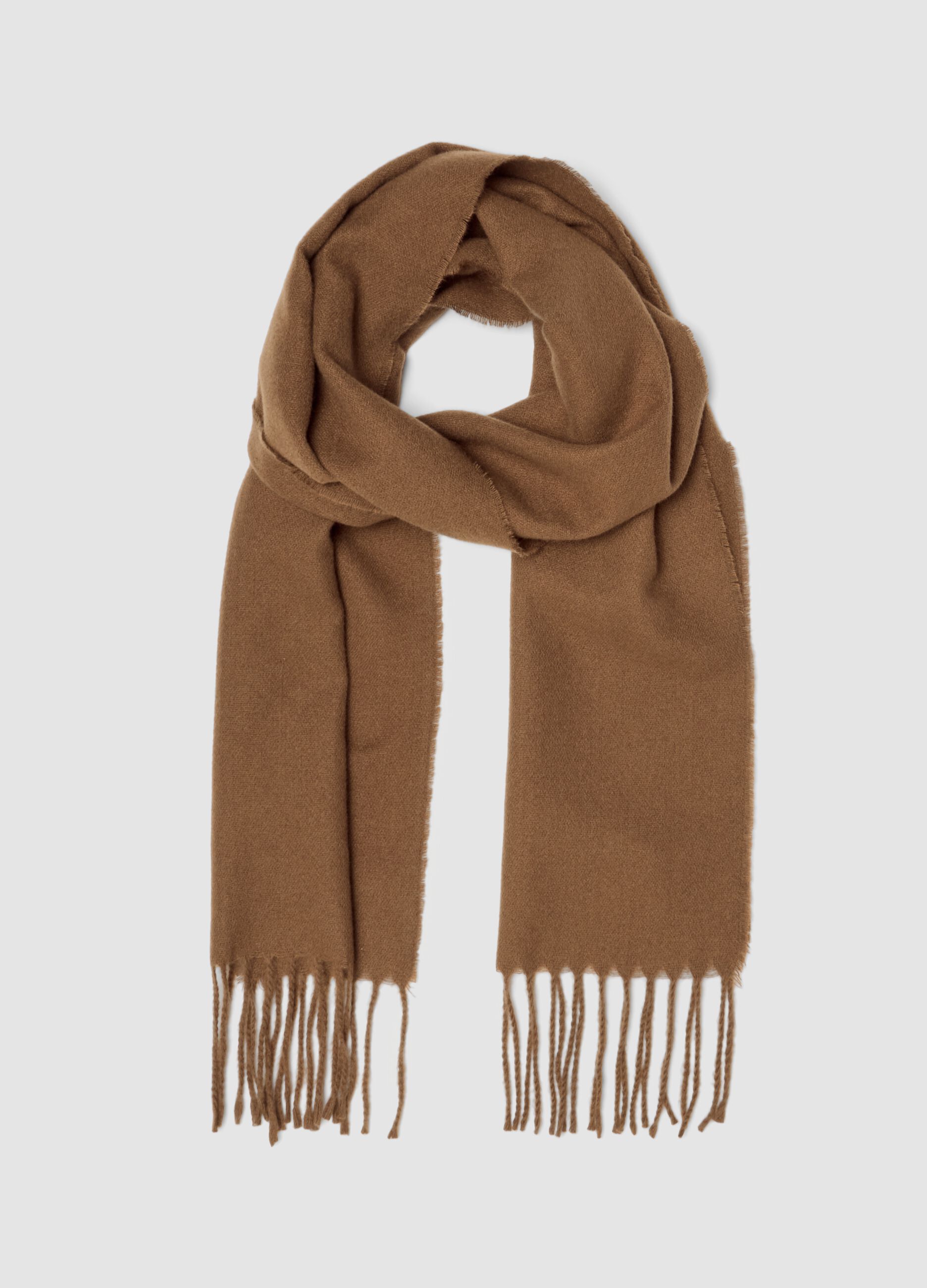 Brown viscose-blend scarf with fringes