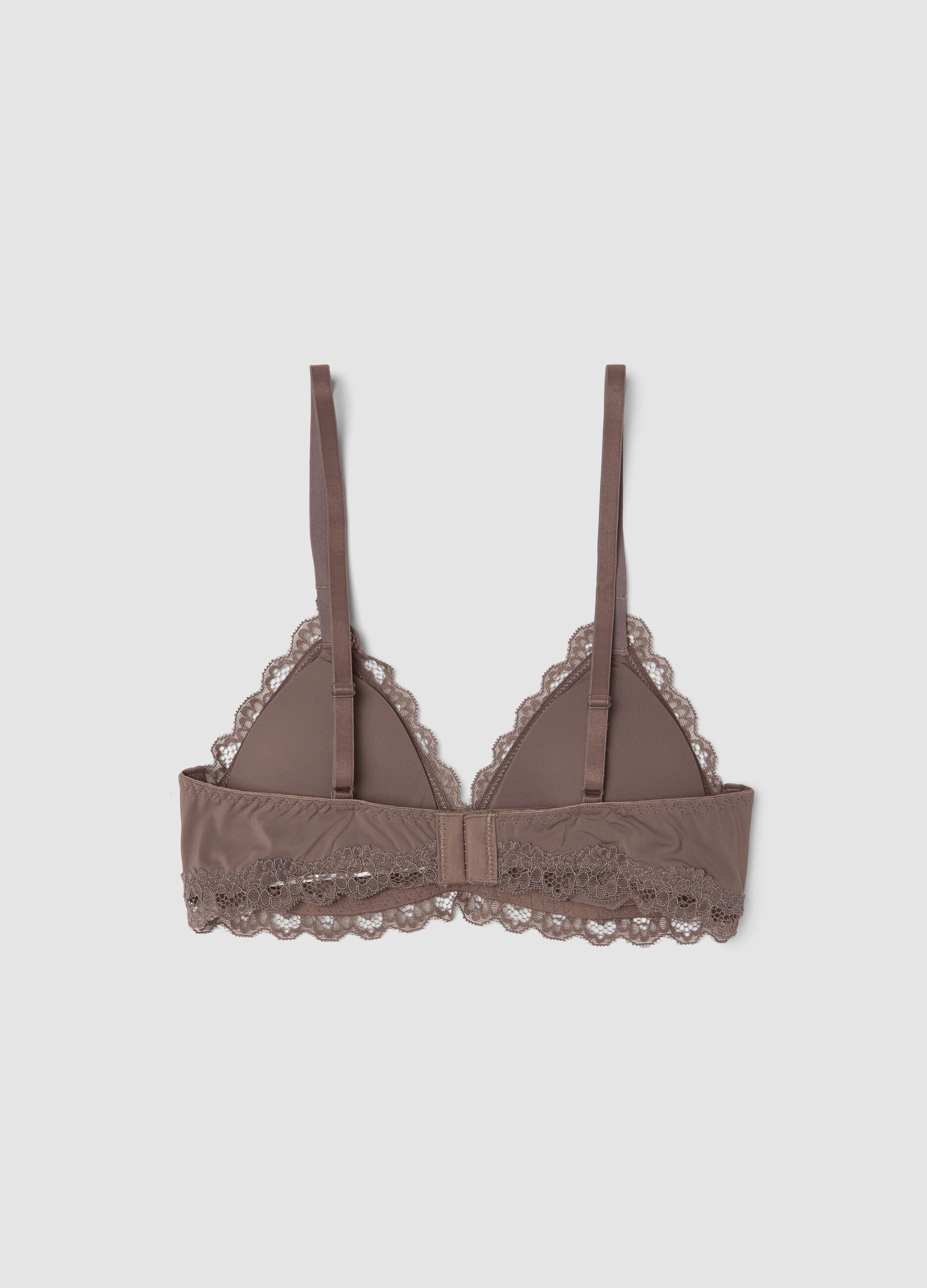 Grey microfibre triangle bra with stretch and lace trim