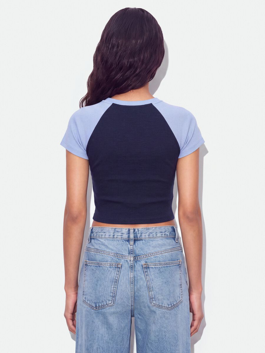 Blue stretch cotton crew-neck T-shirt with contrast sleeves_2