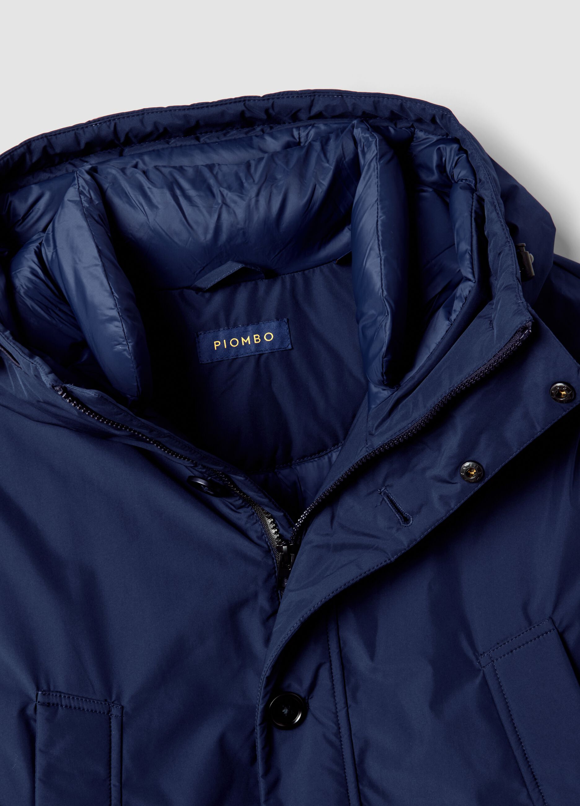 Parka imbottito lungo blu navy con cappuccio