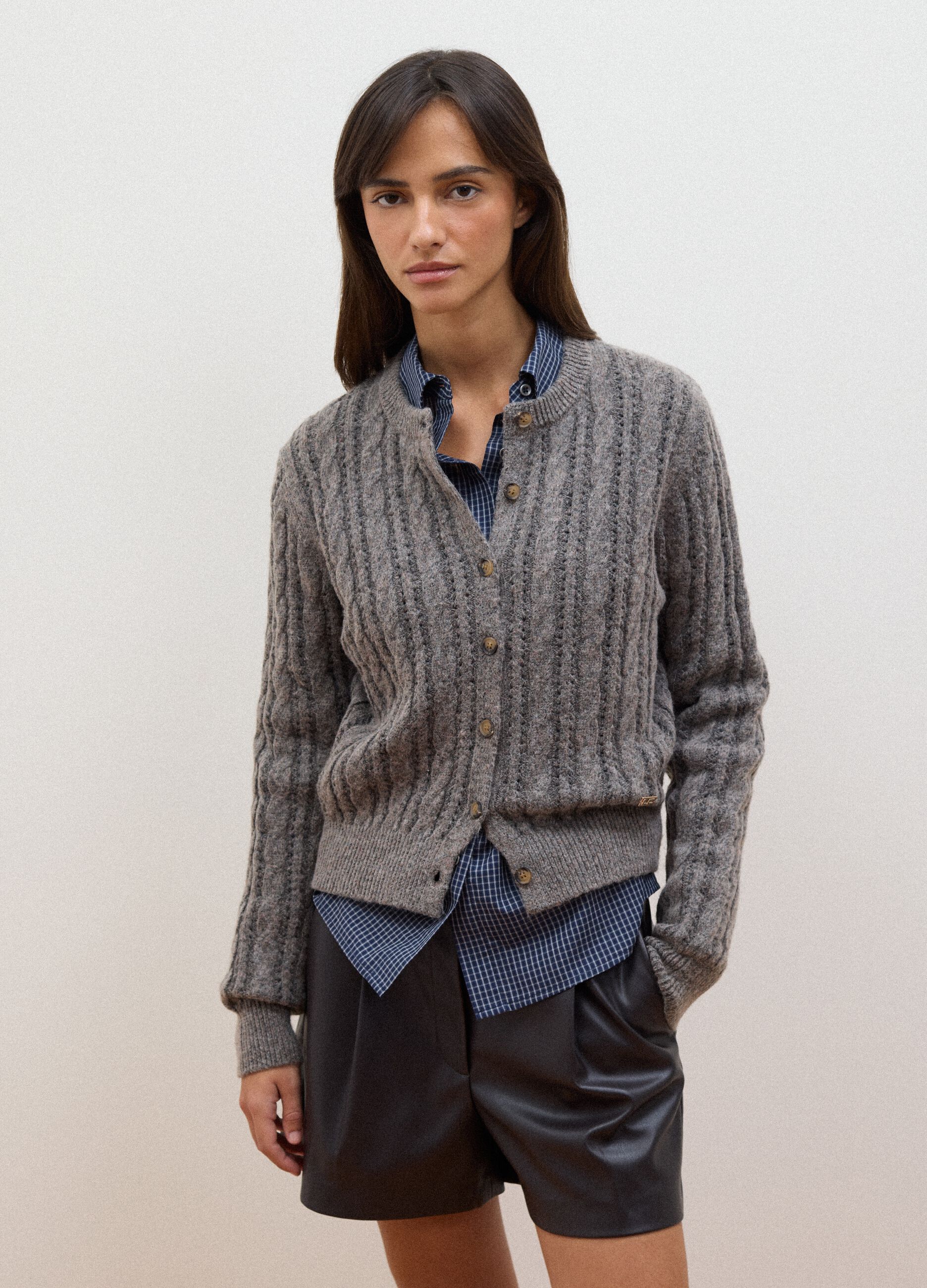 Grey cable-knit wool-blend cardigan