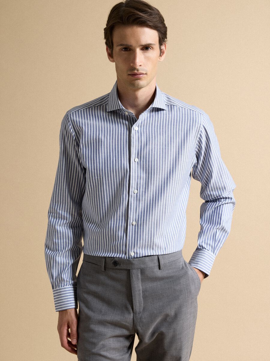 White pure cotton striped Oxford shirt, slim fit_0