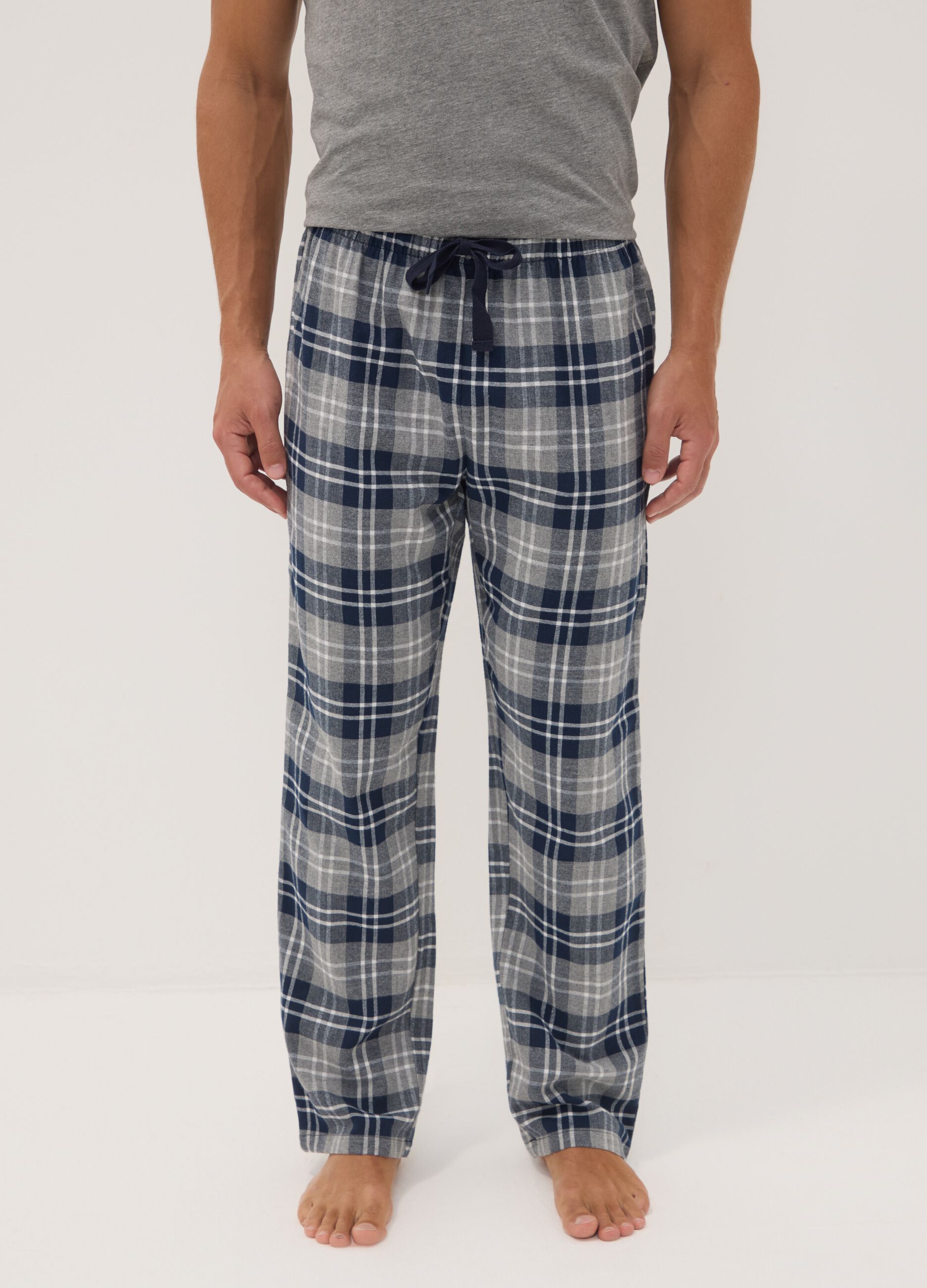 Pantaloni pigiama blu e grigi in flanella di puro cotone organico a quadri
