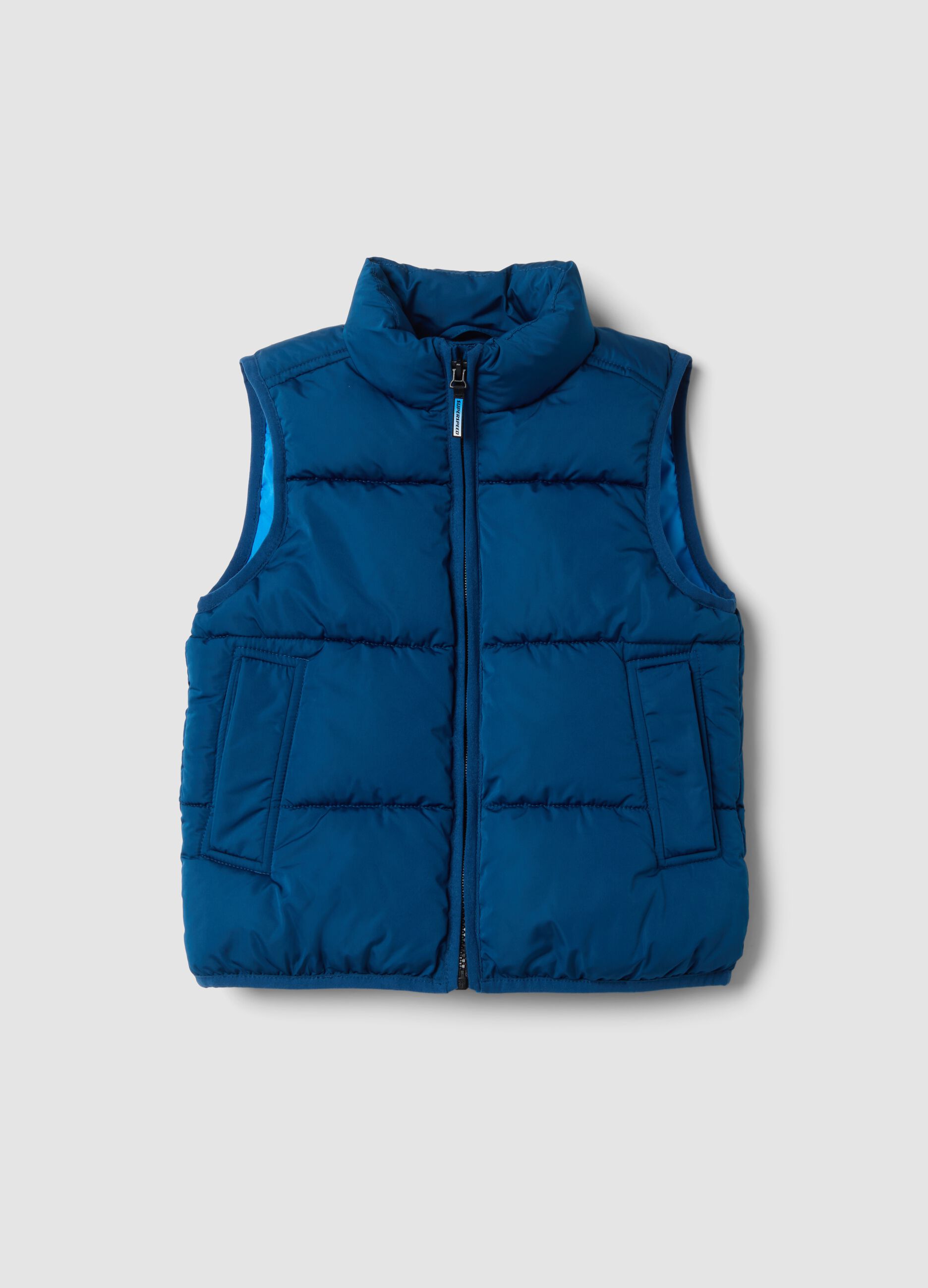 Blue padded gilet with zip and high neck, regular fit