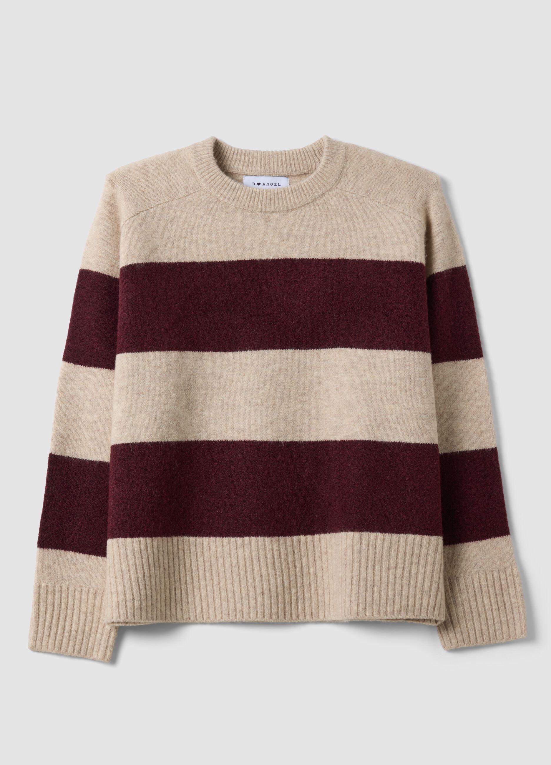 Beige striped stretch wool crew-neck jumper