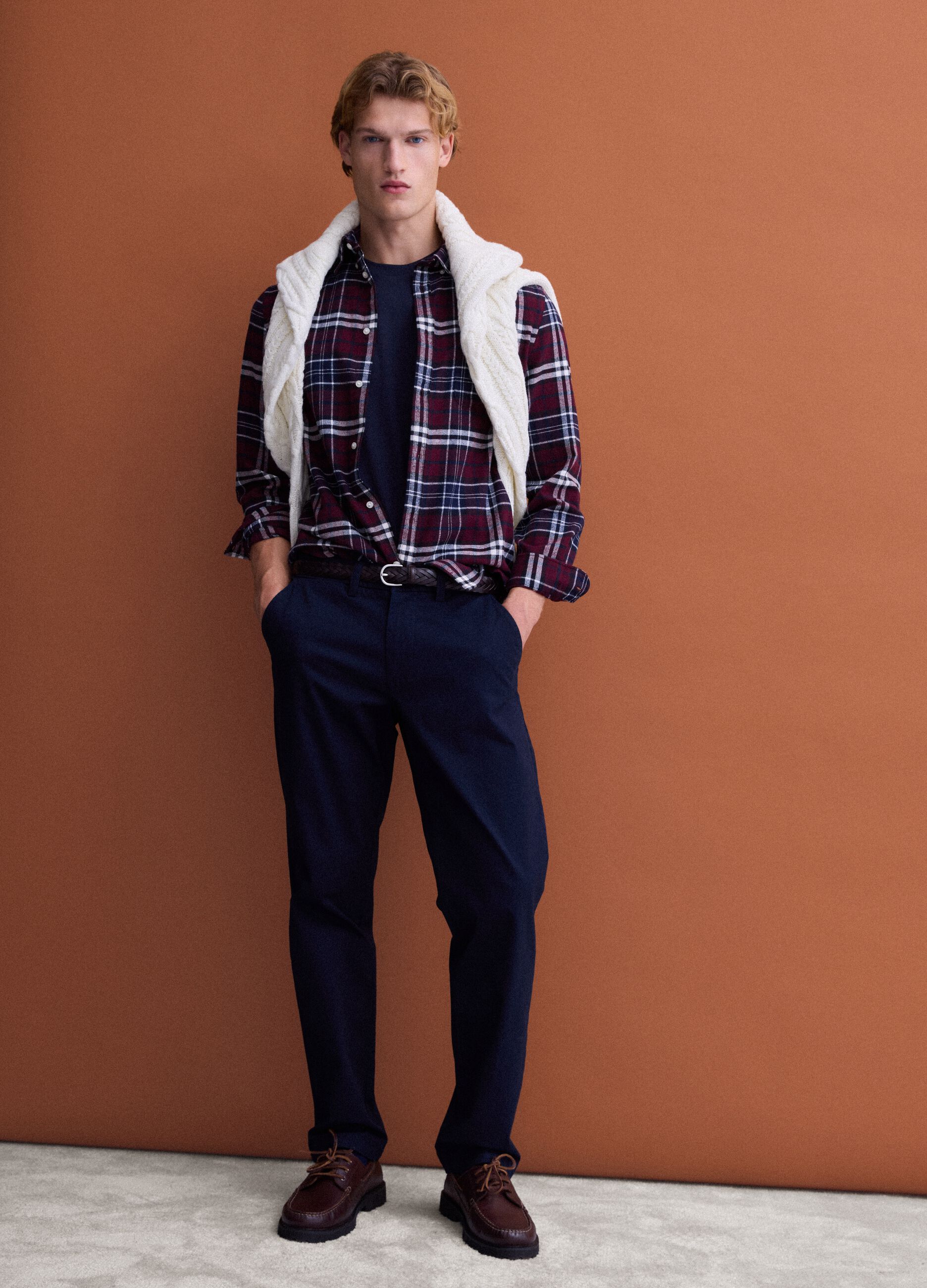 Red and blue checked pure cotton flannel shirt, regular fit