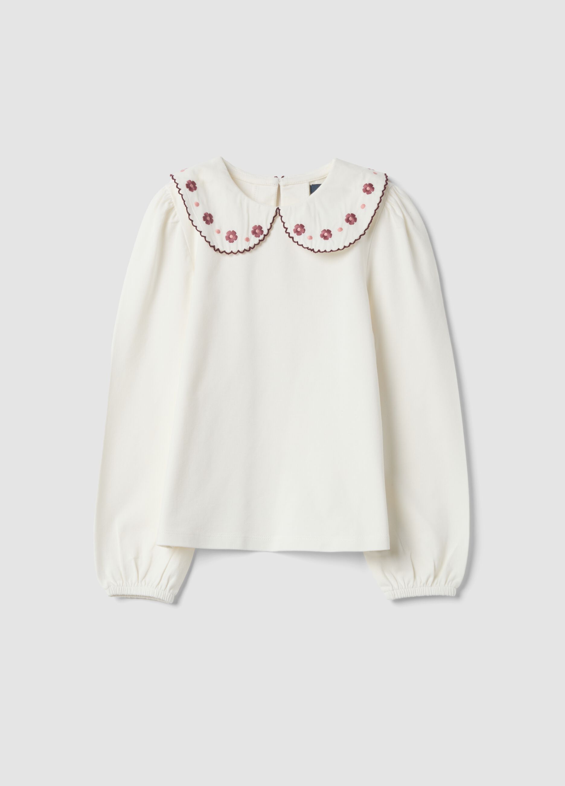 T-shirt bianca girocollo in cotone elasticizzato con colletto ricamato