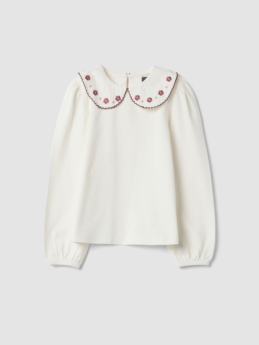 White stretch cotton crew-neck T-shirt with embroidered collar_0