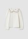 T-shirt bianca girocollo in cotone elasticizzato con colletto ricamato_0