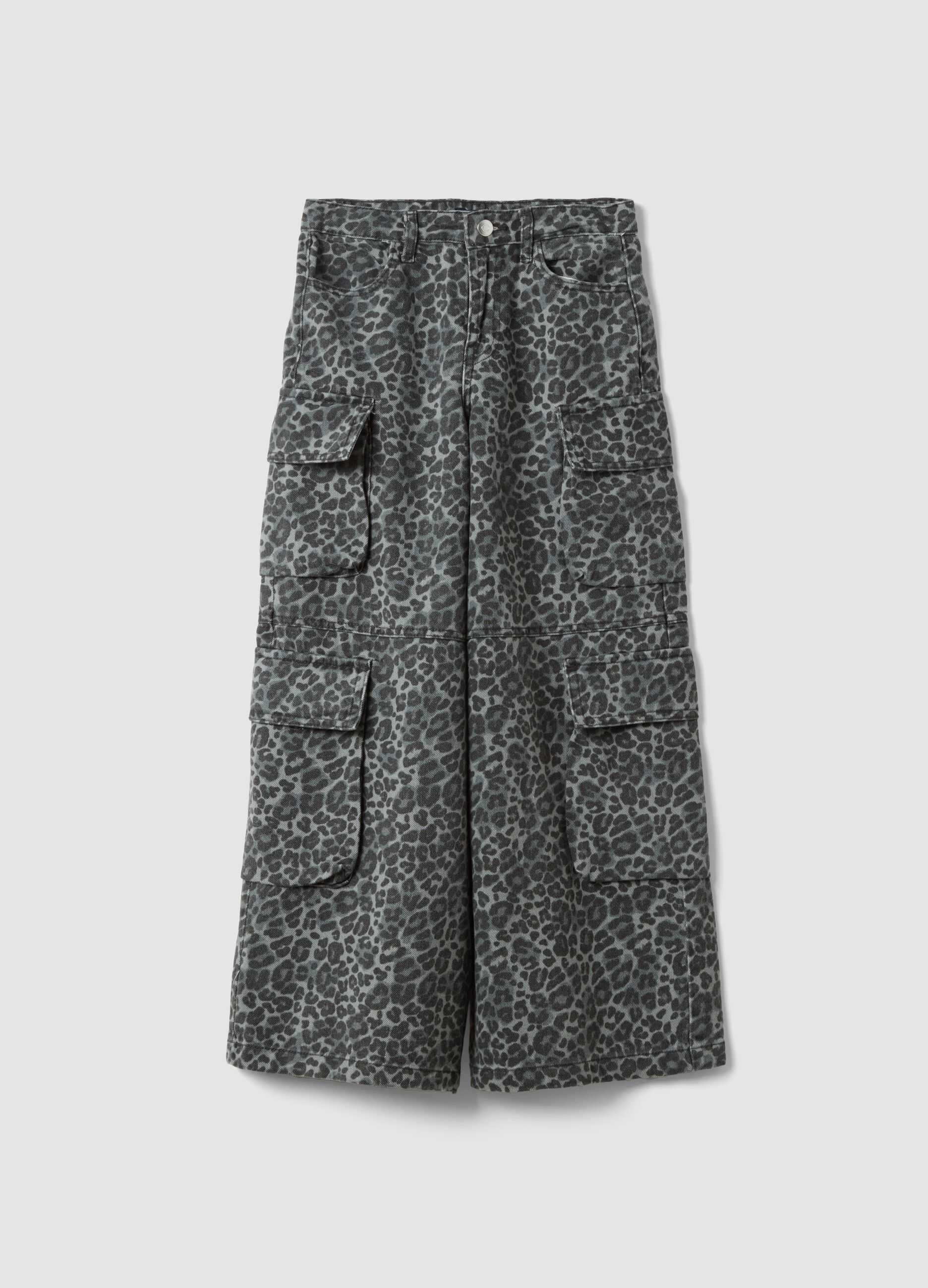 Grey pure cotton cargo trousers with animal print
