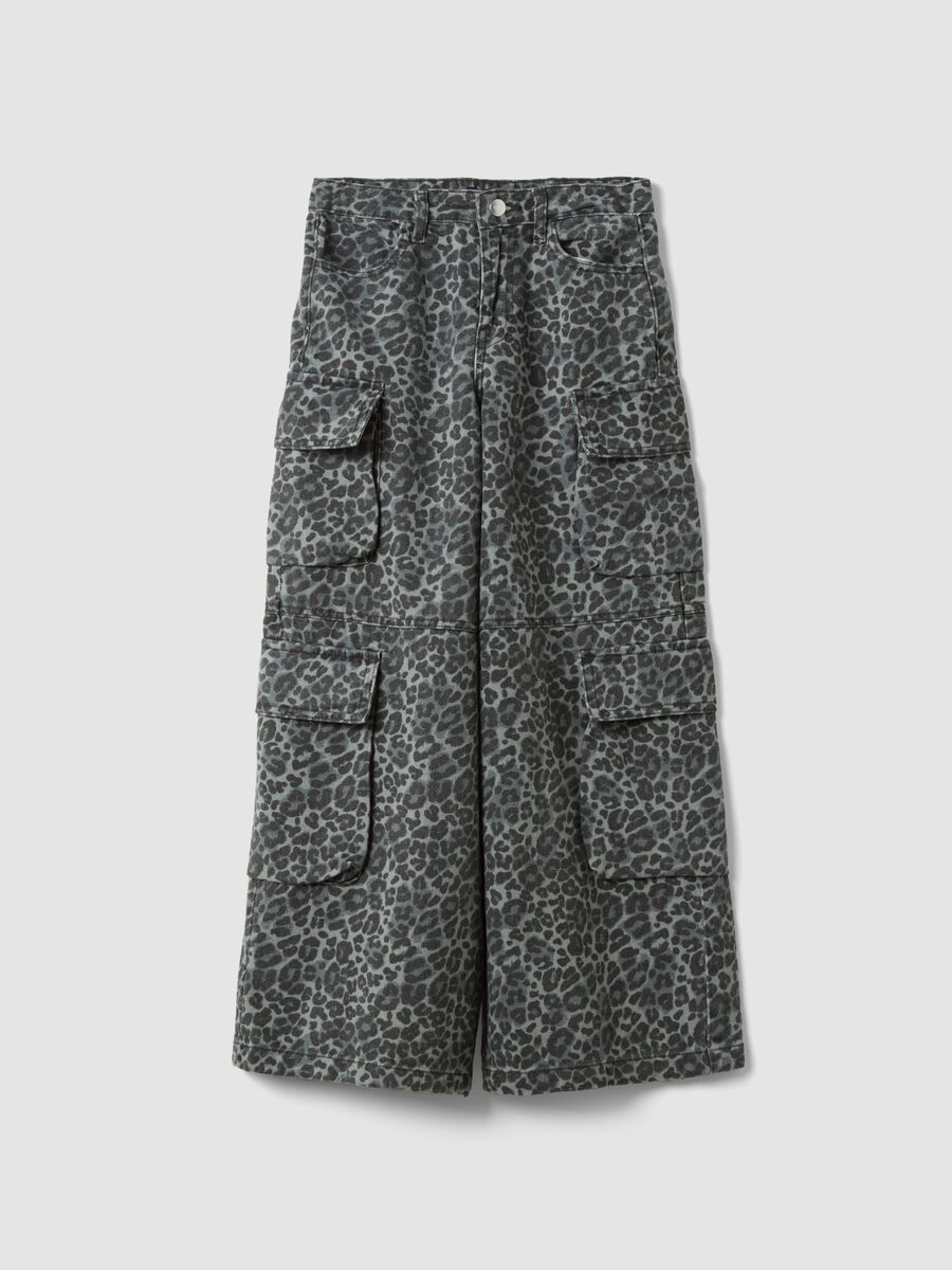 Grey pure cotton cargo trousers with animal print_0