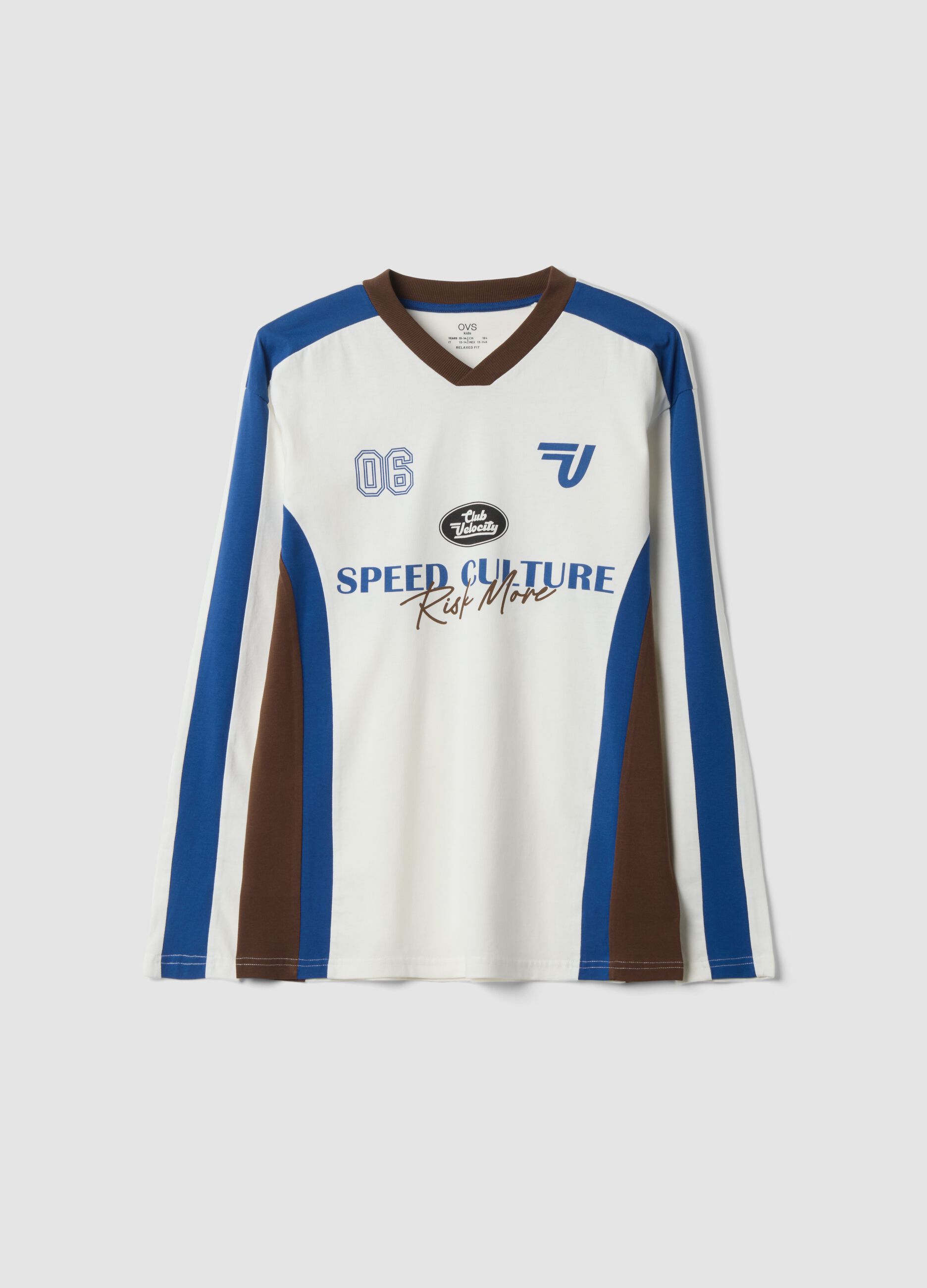 White pure cotton crew-neck T-shirt with racing print