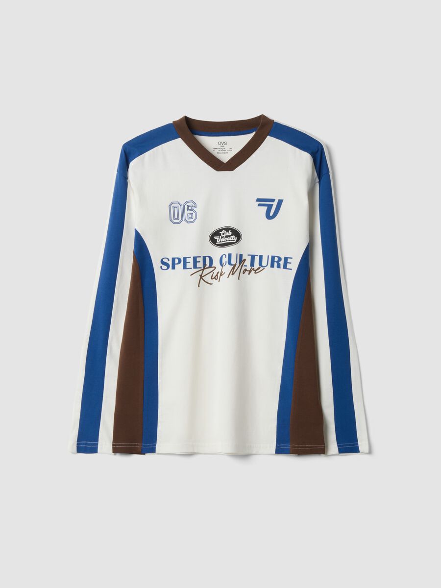 White pure cotton crew-neck T-shirt with racing print_0