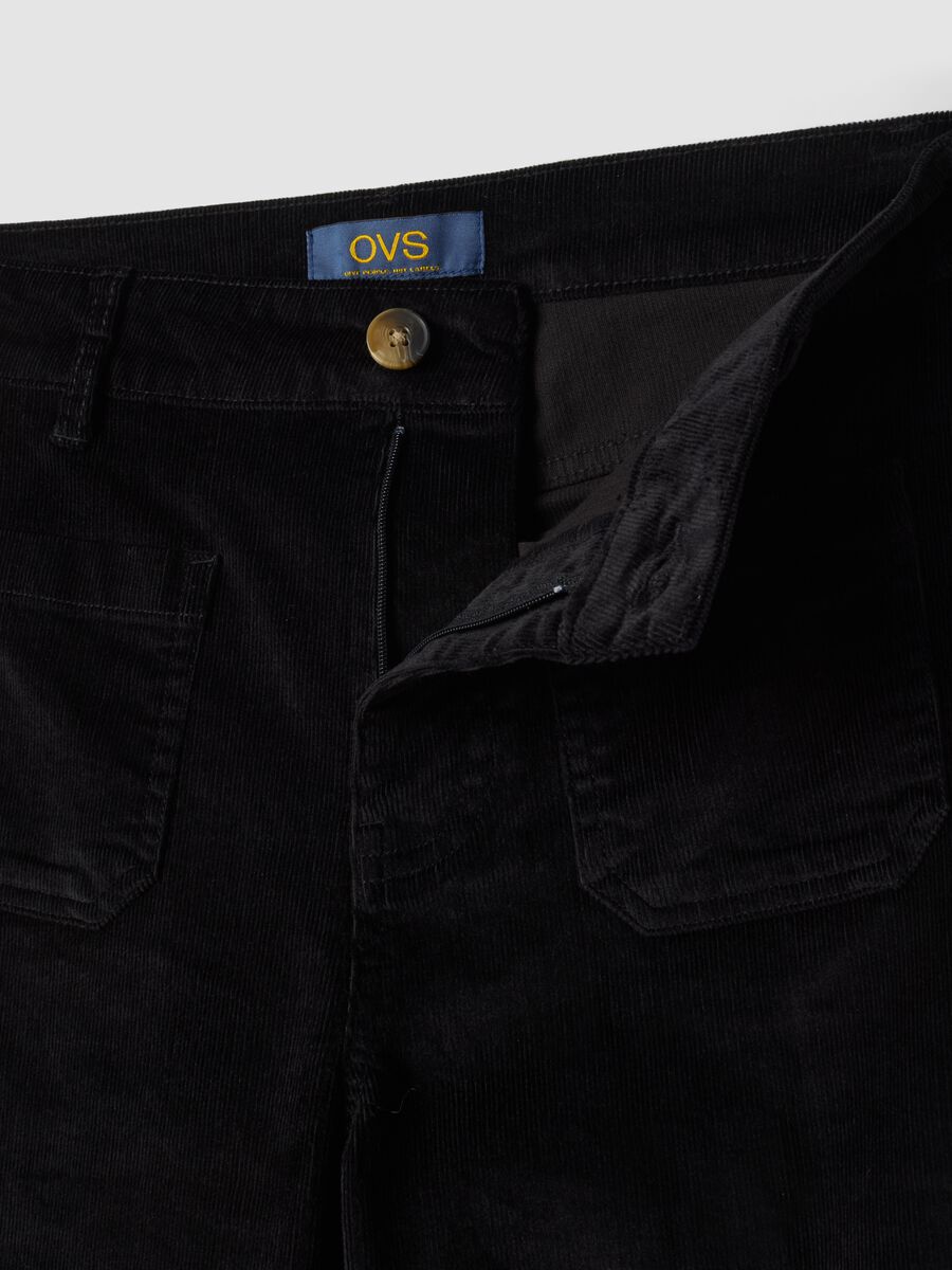 Black ribbed stretch cotton and modal flare trousers_1