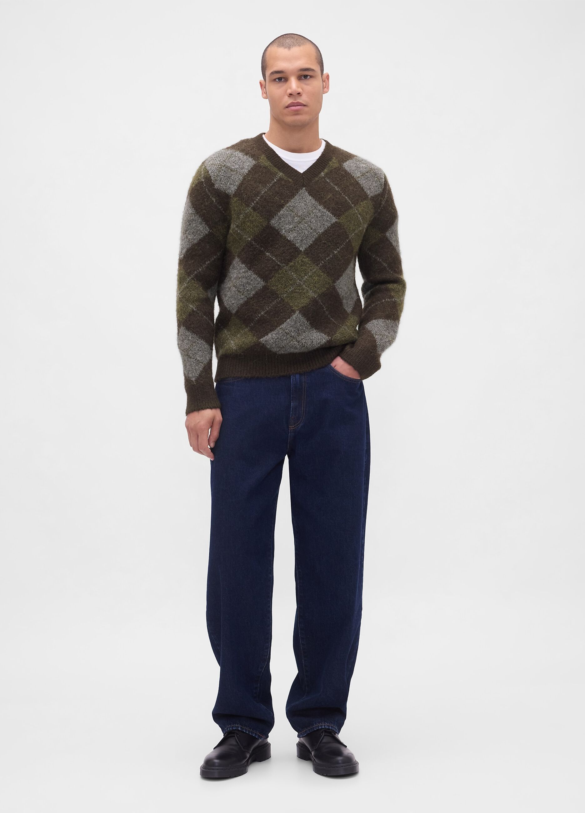 Diamond-patterned brown sweater in wool and alpaca blend