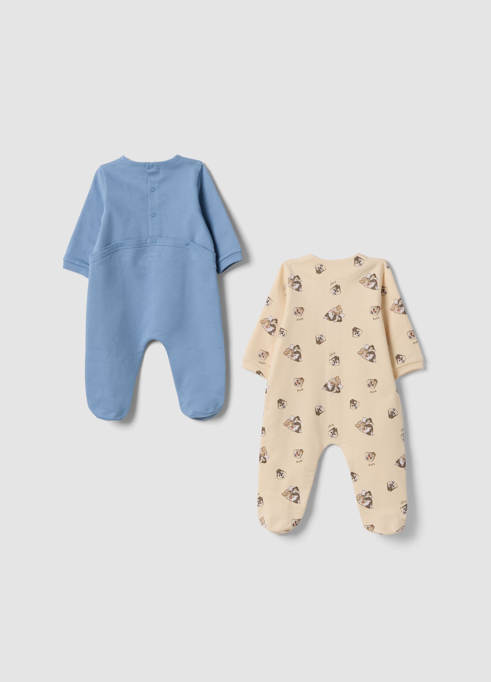2-pack blue and beige organic cotton baby sleepsuits with Chip and Dale print