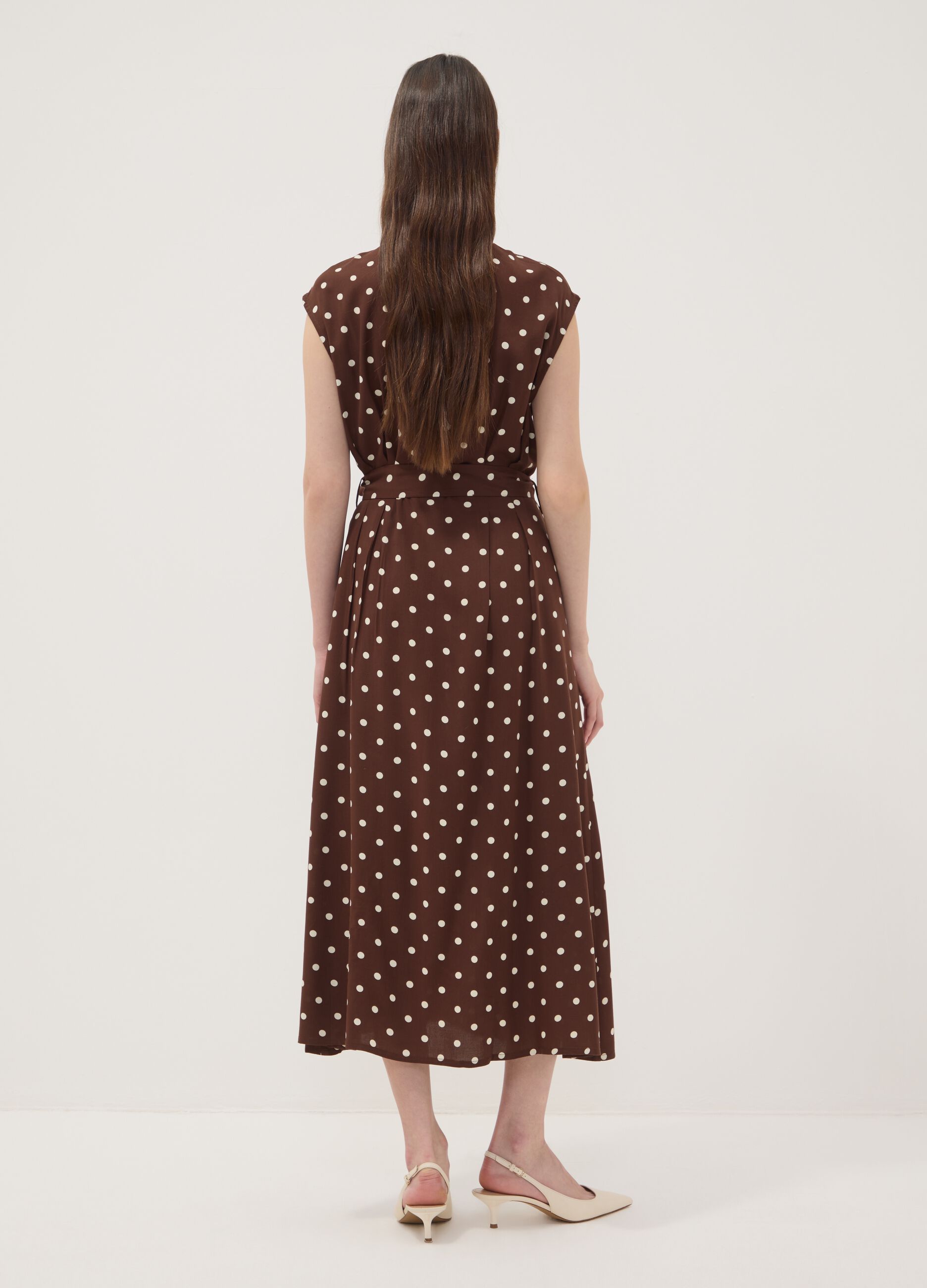 Brown midi dress in pure viscose with polka dots, regular fit
